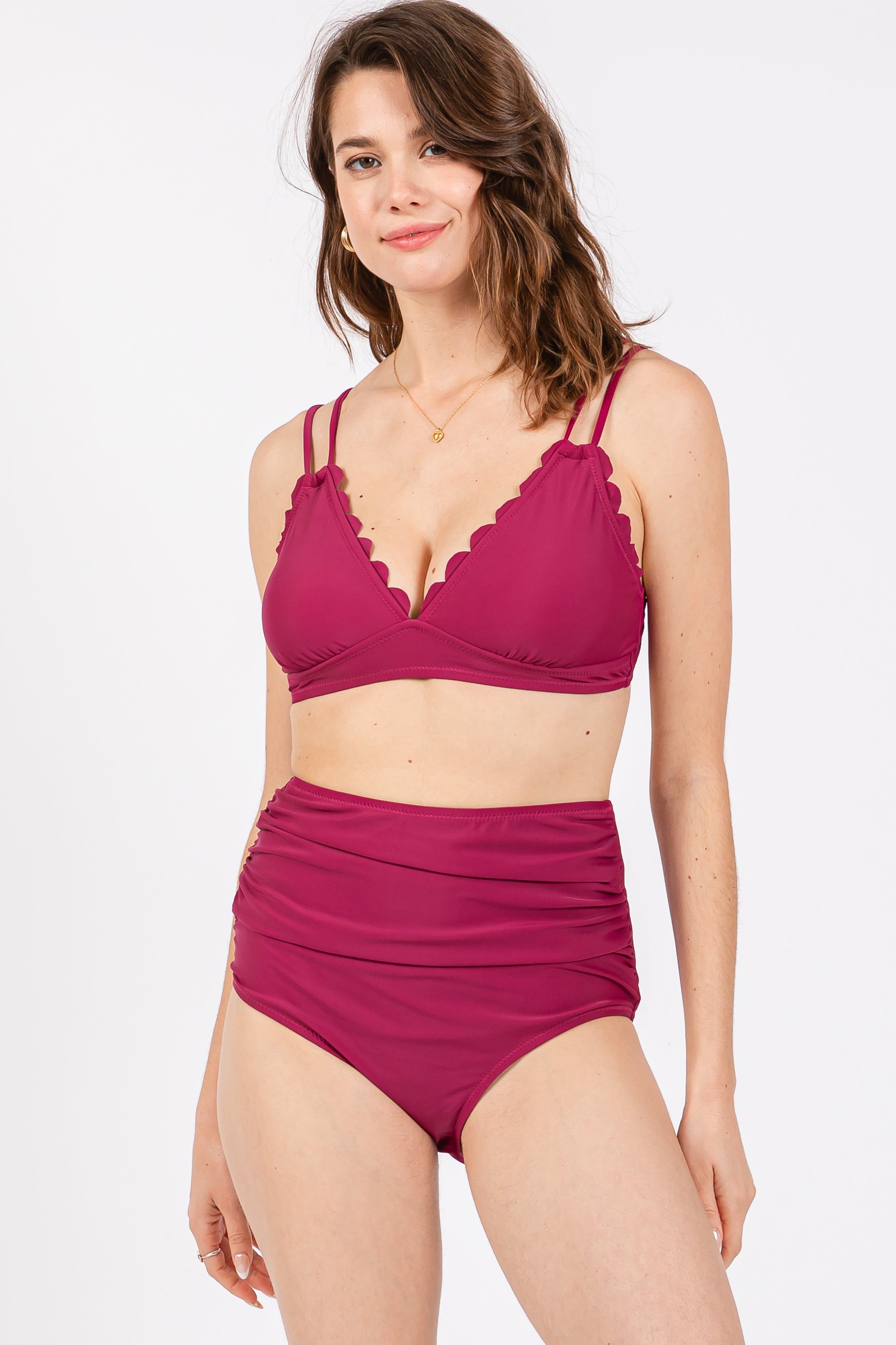 Magenta Scalloped V-Neck High Waist Two-Piece Maternity Swimsuit sold by Pinkblush product image thumbnail 5