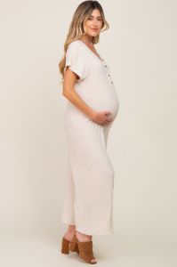 Beige Front Button Accent Maternity Jumpsuit sold by Pinkblush