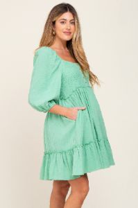 Mint Green Smocked Button Front Maternity Dress sold by Pinkblush