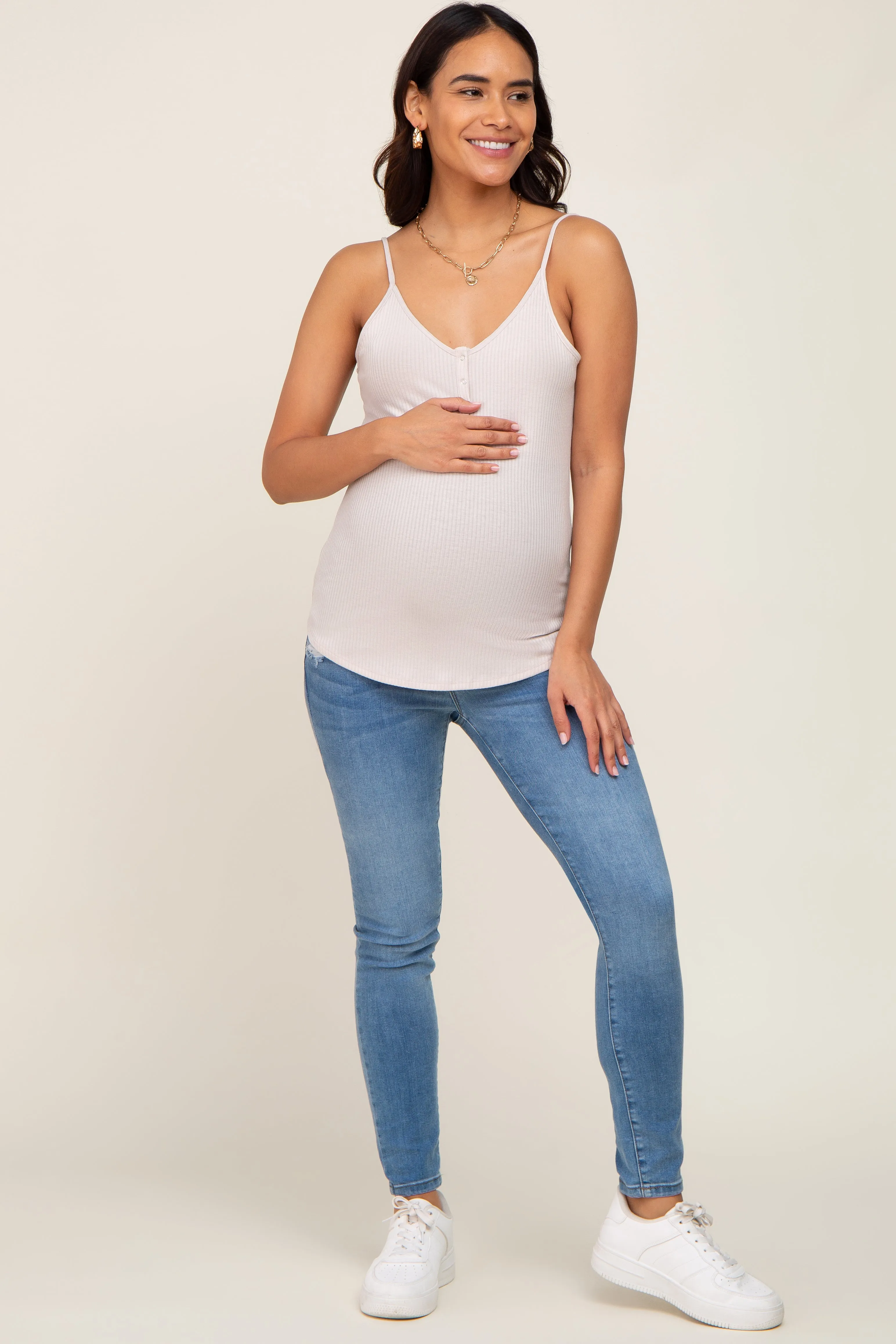 Beige Ribbed Snap Button Maternity Cami sold by Pinkblush product image thumbnail 4