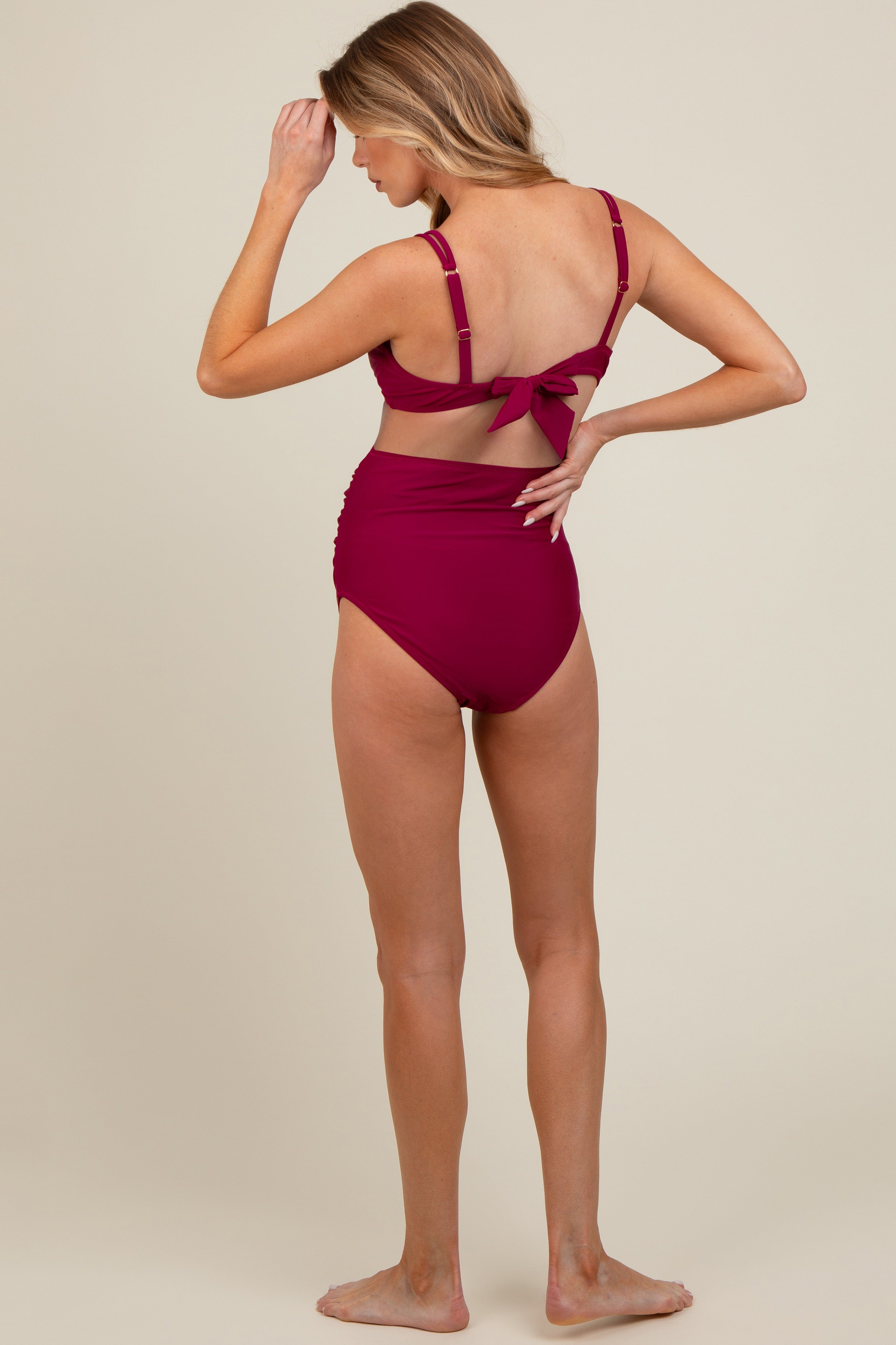 Magenta Scalloped V-Neck High Waist Two-Piece Maternity Swimsuit sold by Pinkblush product image thumbnail 4