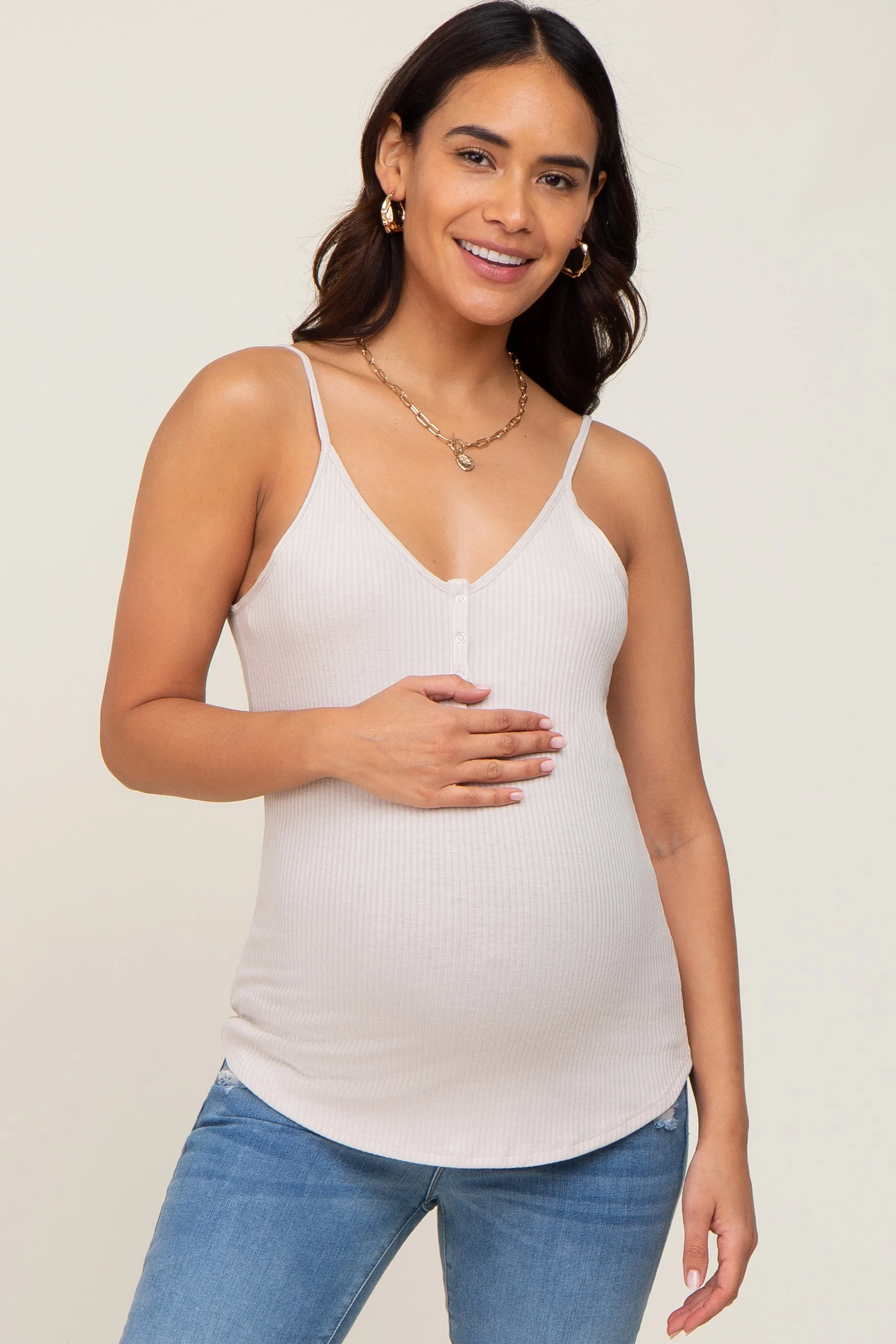 Beige Ribbed Snap Button Maternity Cami sold by Pinkblush