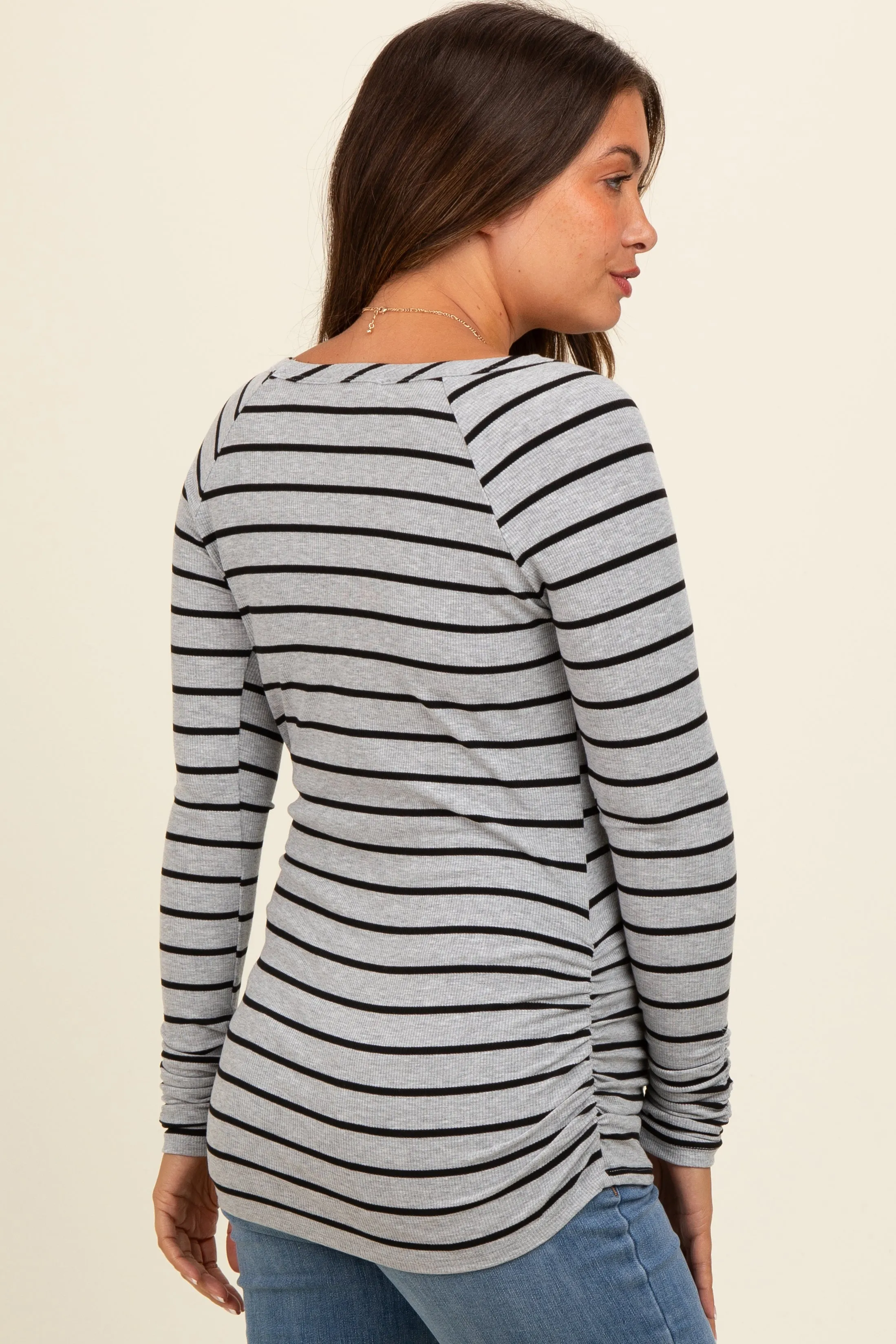 Heather Grey Striped Ruched Side Maternity Long Sleeve Top sold by Pinkblush product image thumbnail 5