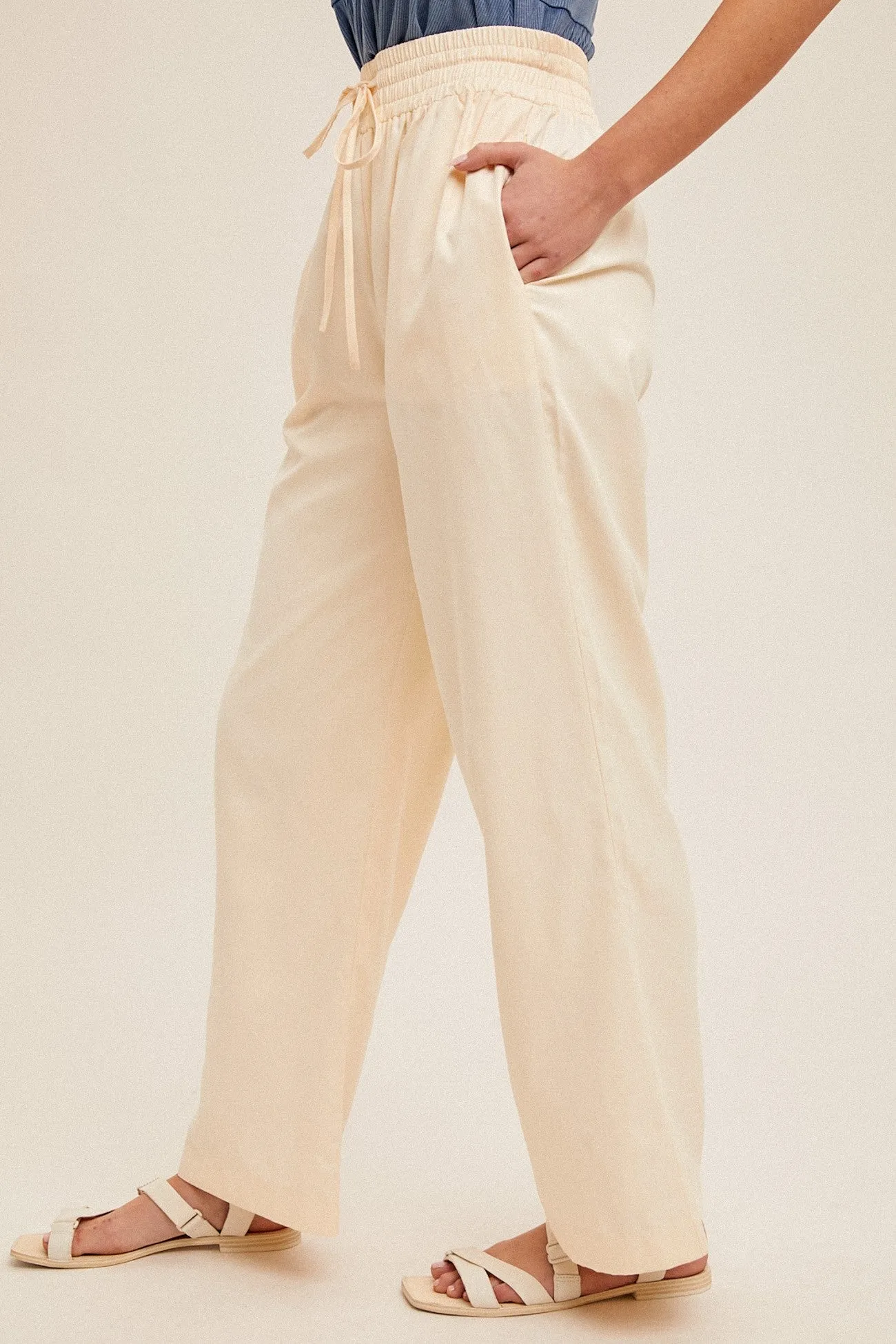 Cream Drawstring Detail Wide Leg Pants With Pockets sold by Pinkblush product image thumbnail 3
