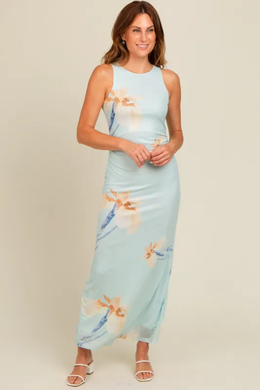 Light Blue Floral Mesh Overlay Midi Dress sold by Pinkblush