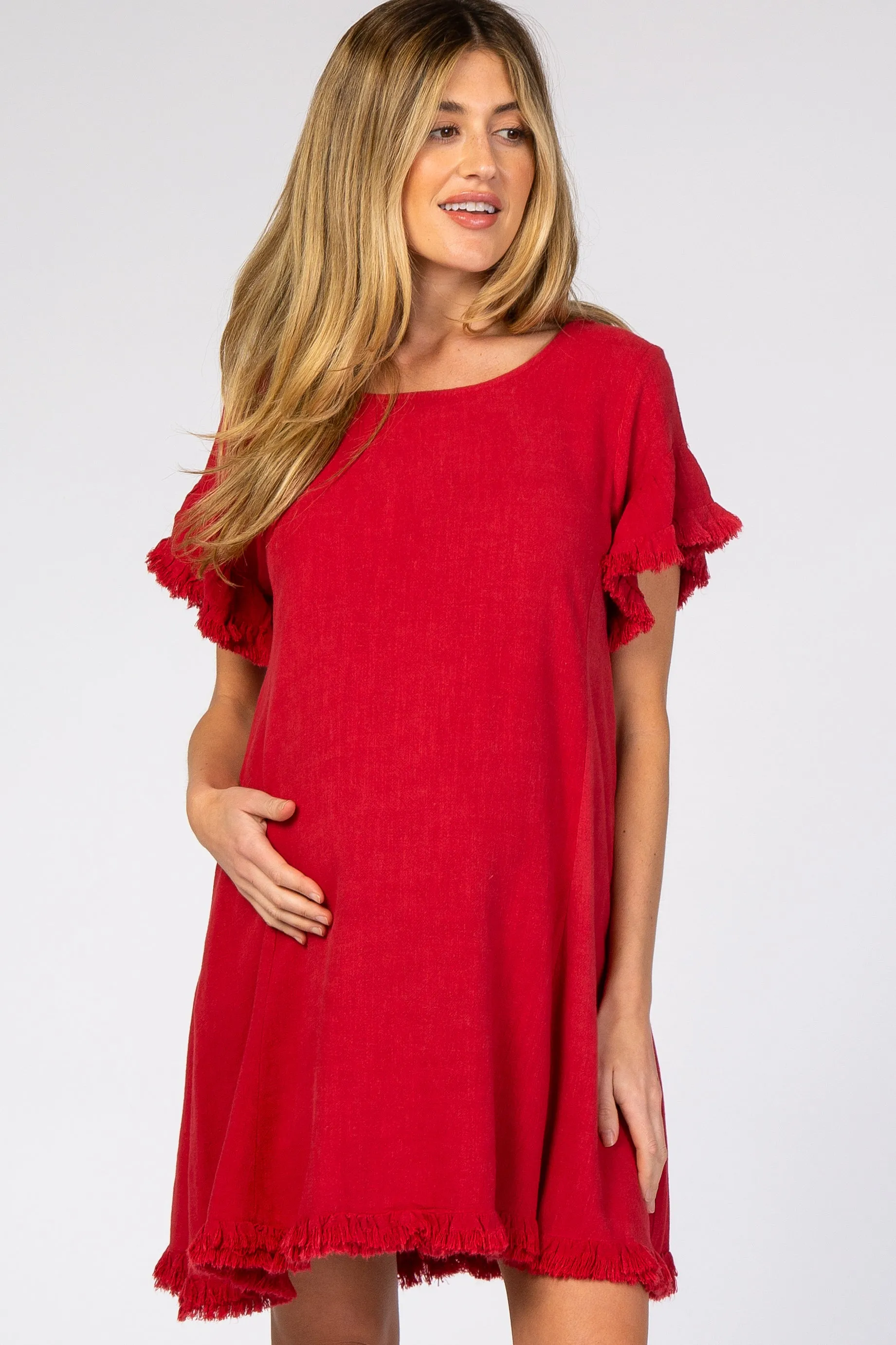 Red Fringe Linen Maternity Dress sold by Pinkblush product image thumbnail 2