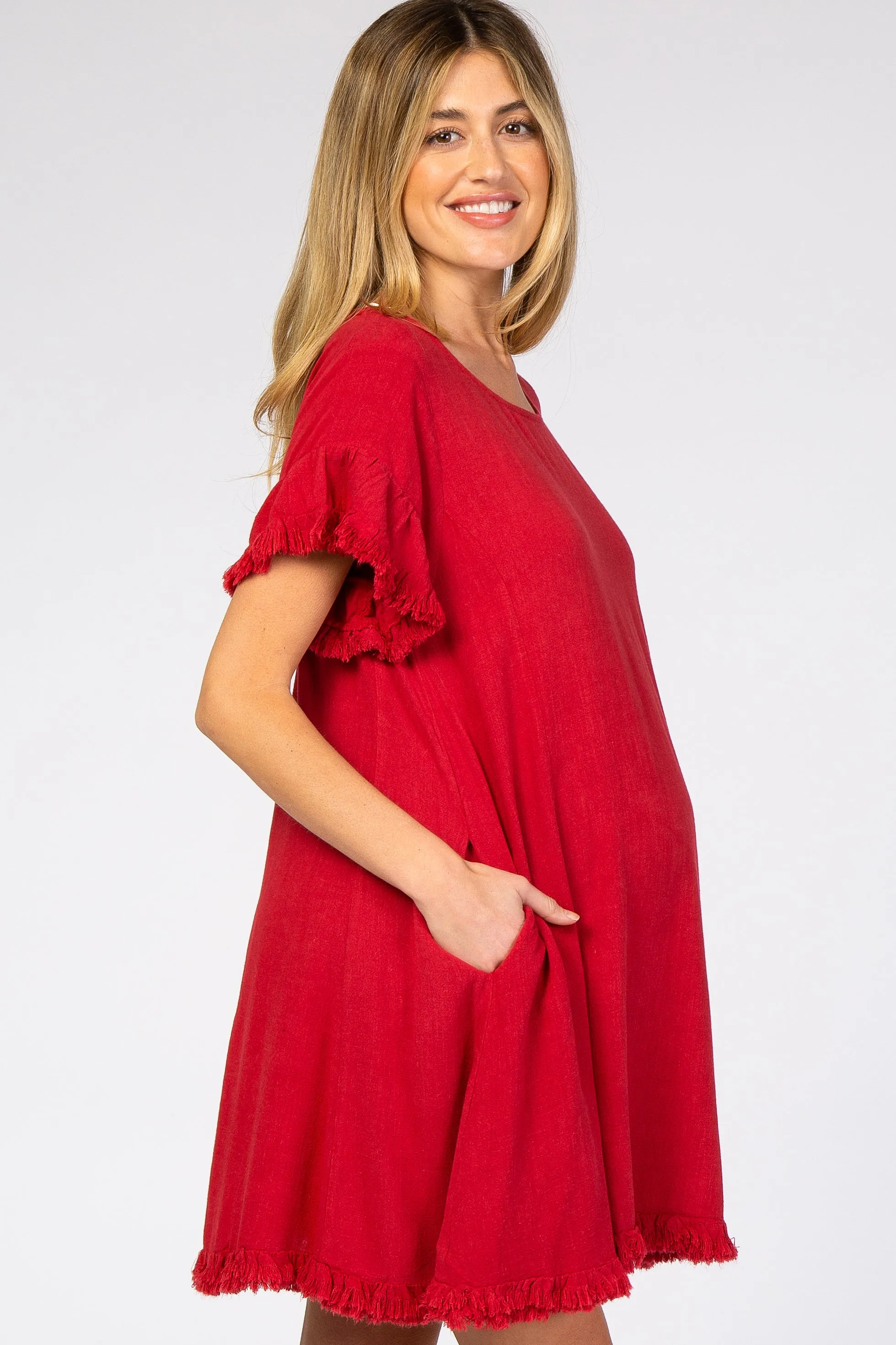 Red Fringe Linen Maternity Dress sold by Pinkblush product image thumbnail 3