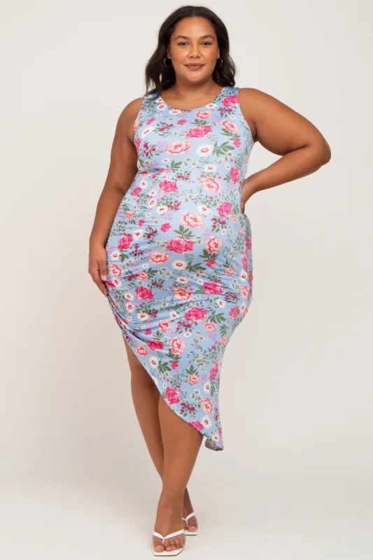 Blue Floral Ruched Asymmetrical Maternity Plus Midi Dress sold by Pinkblush