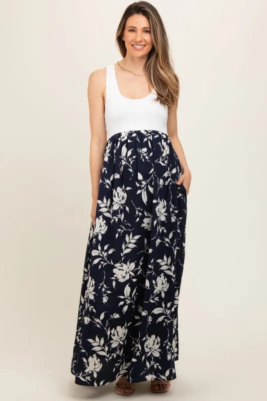 Navy Colorblock Floral Maternity Maxi Dress sold by Pinkblush