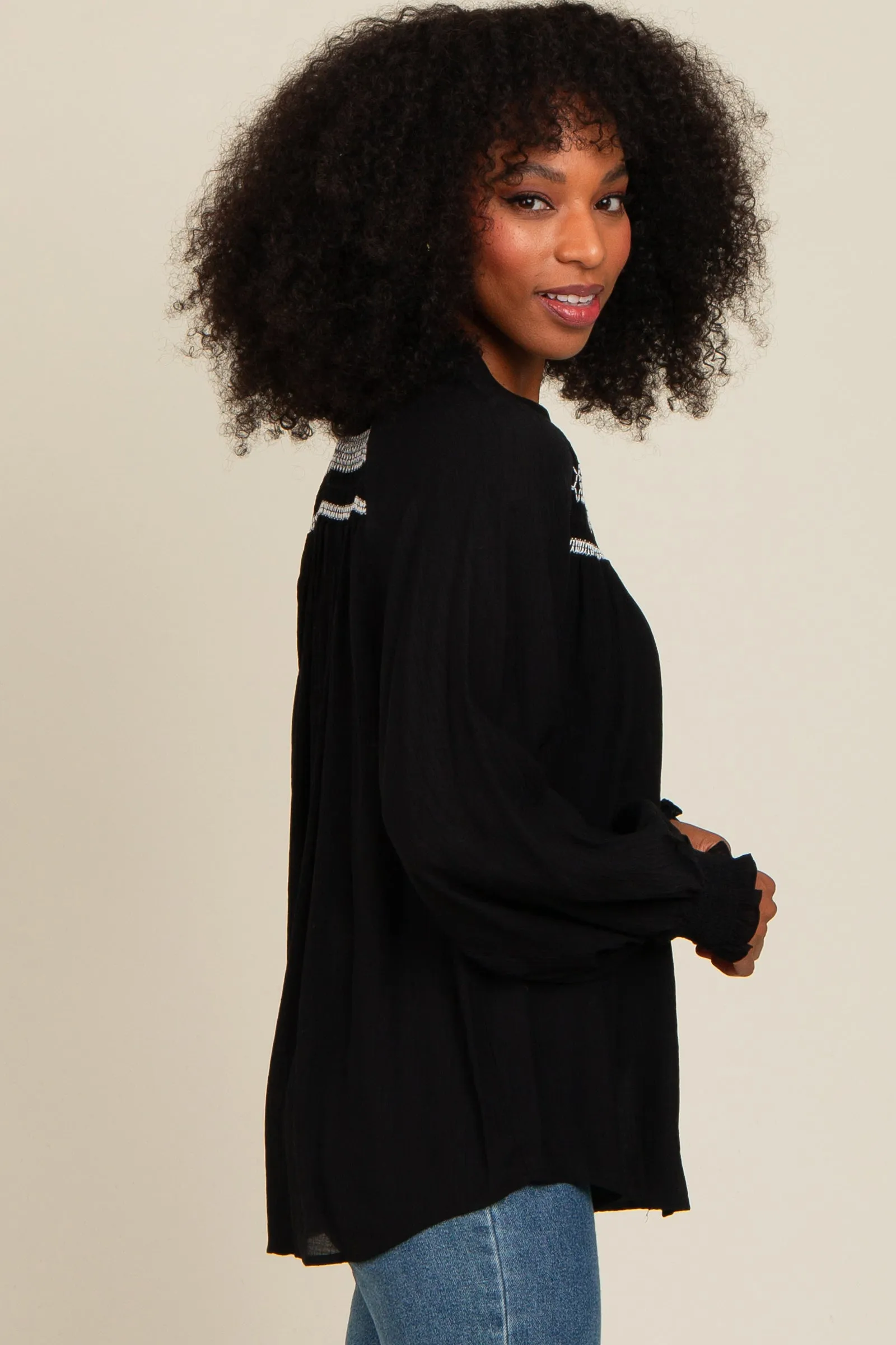 Black Embroidered Smocked Blouse sold by Pinkblush product image thumbnail 2