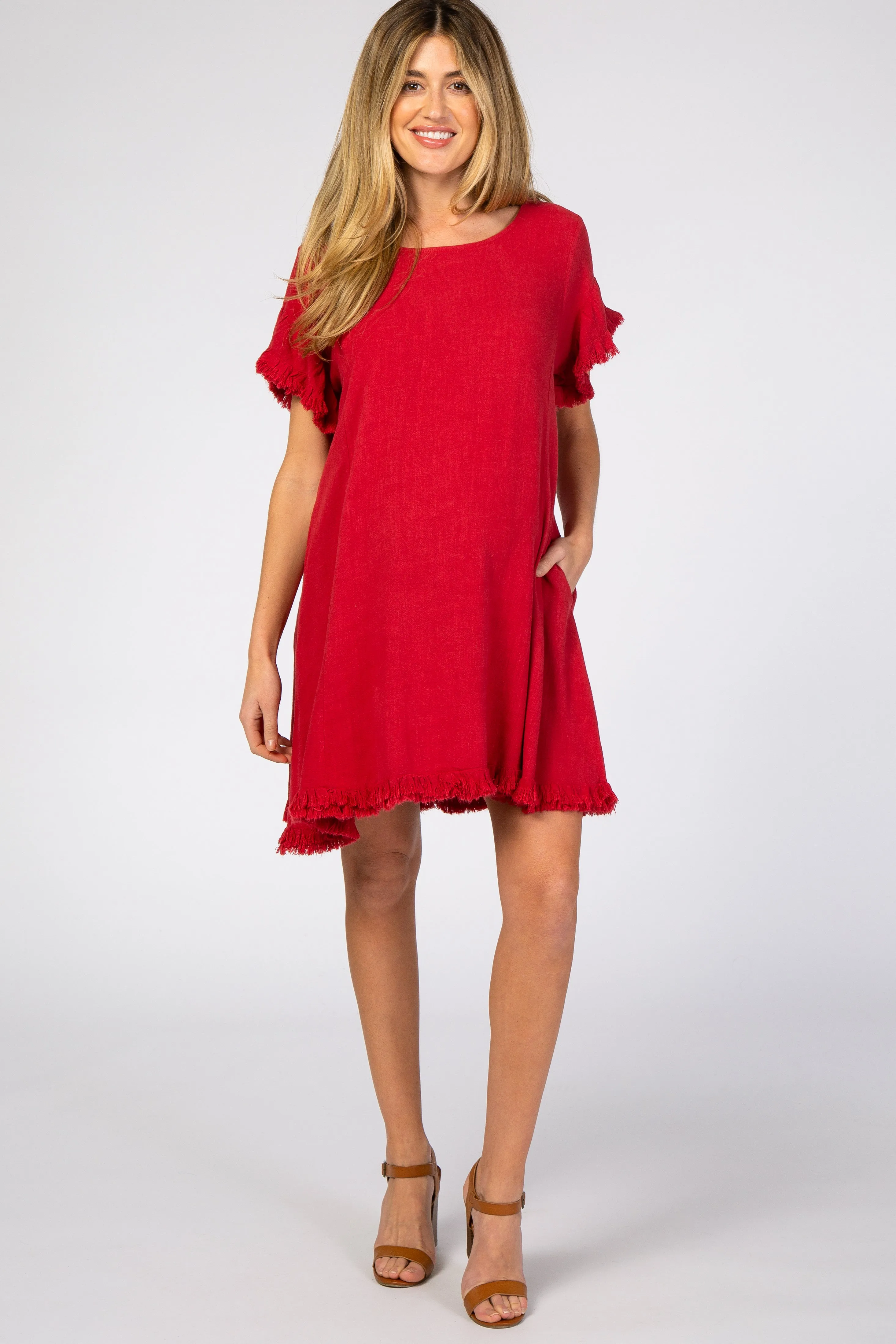 Red Fringe Linen Maternity Dress sold by Pinkblush