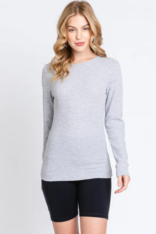 Heather Grey Waffle Knit Basic Long Sleeve Top sold by Pinkblush