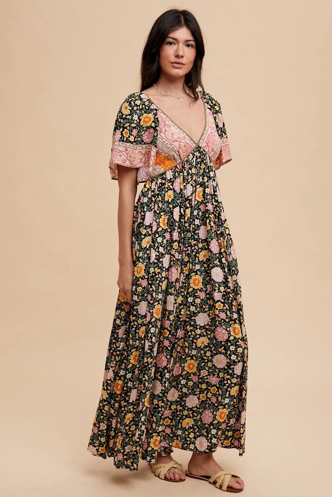 Black Floral V-Neck Short Flutter Sleeve Maxi Dress sold by Pinkblush product image thumbnail 3
