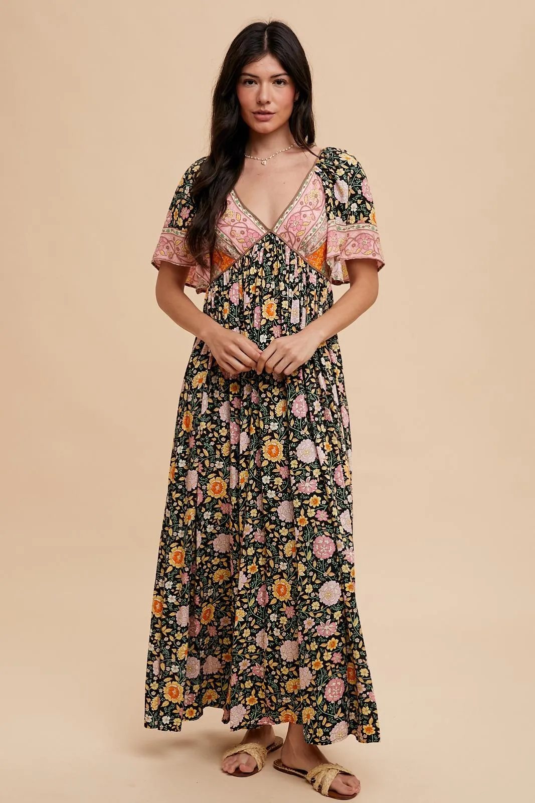Black Floral V-Neck Short Flutter Sleeve Maxi Dress sold by Pinkblush product image thumbnail 2