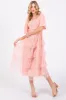 Light Pink Dot Smocked Ruffle Tiered Maternity Midi Dress sold by Pinkblush