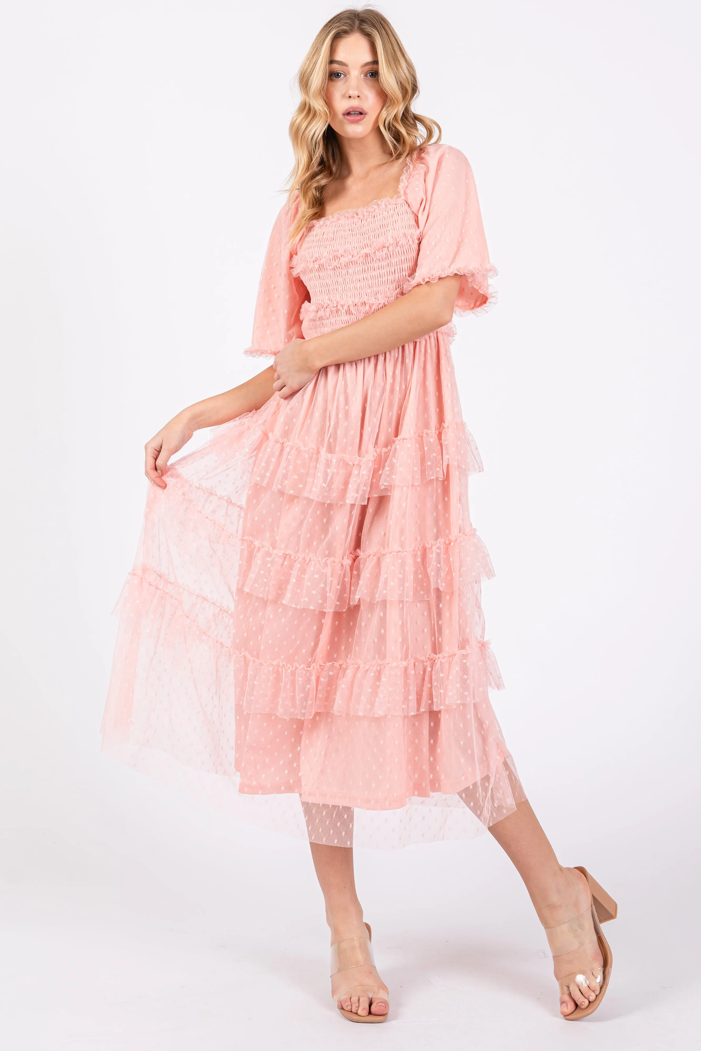 Light Pink Dot Smocked Ruffle Tiered Maternity Midi Dress sold by Pinkblush product image thumbnail 4