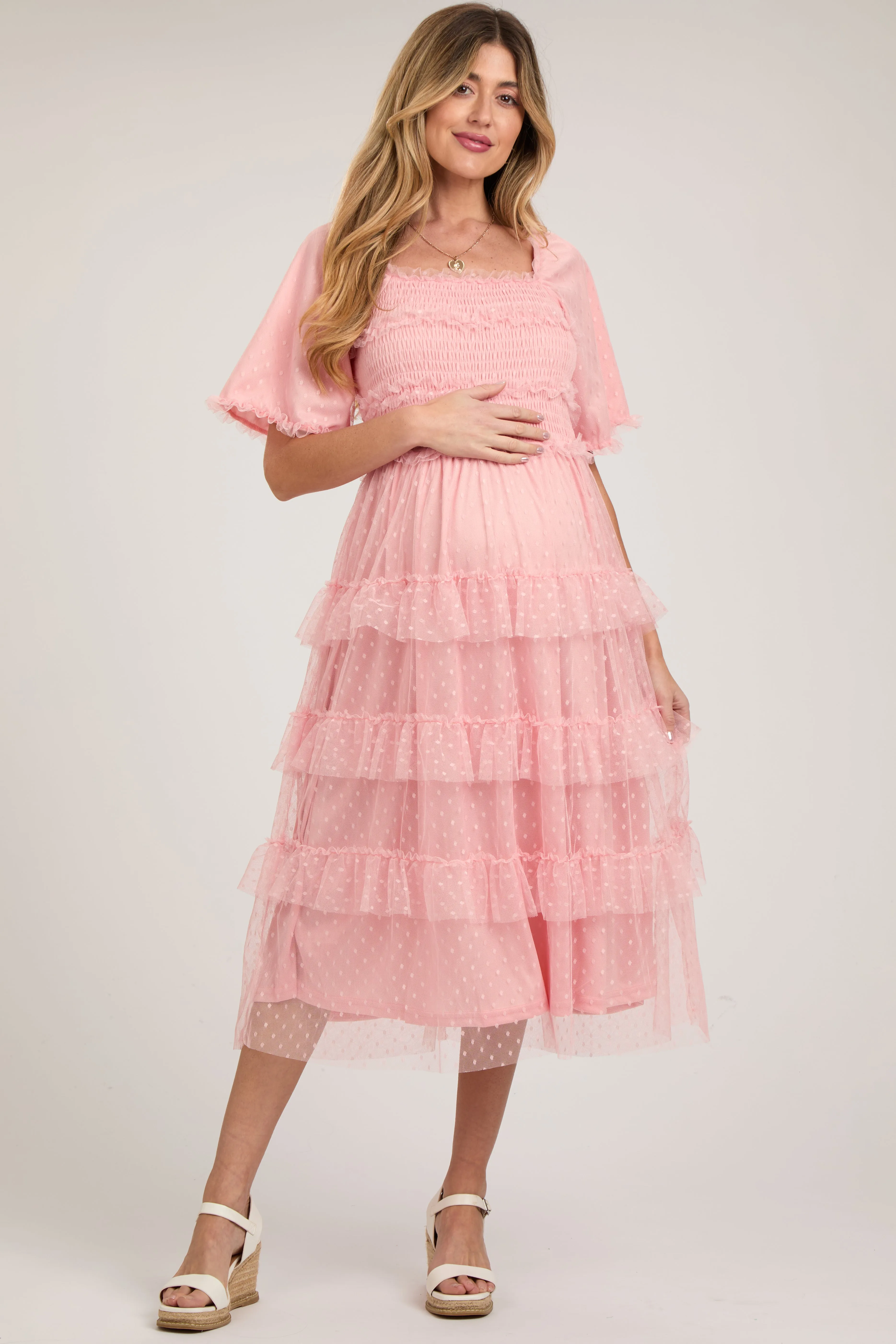 Light Pink Dot Smocked Ruffle Tiered Maternity Midi Dress sold by Pinkblush