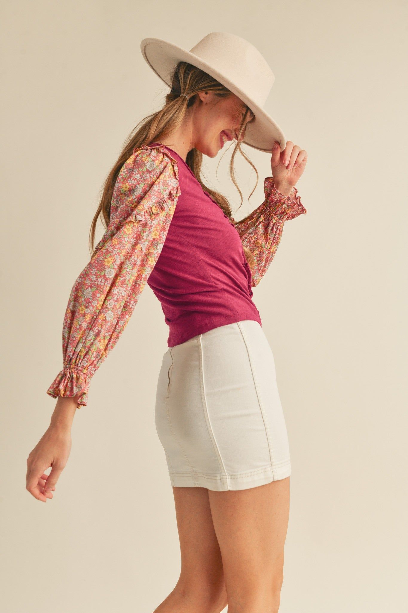 Dusty Berry Floral Contrast Long Puff Sleeve Top sold by Pinkblush product image thumbnail 2