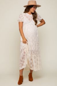 Cream Lace Tiered Maternity Midi Dress sold by Pinkblush