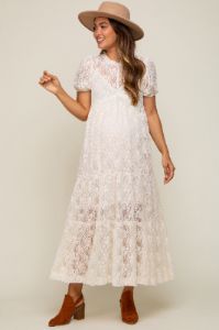 Cream Lace Tiered Maternity Midi Dress sold by Pinkblush
