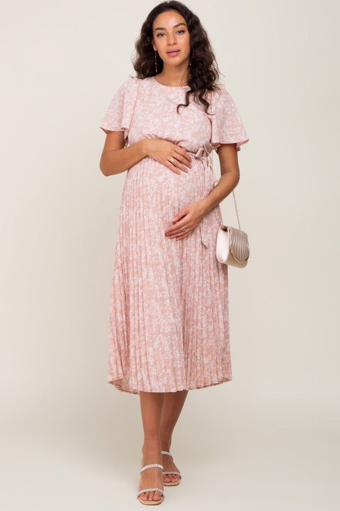 Light Pink Floral Pleated Maternity Midi Dress sold by Pinkblush product image thumbnail 5