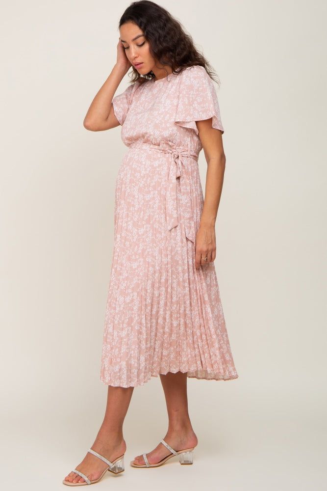 Light Pink Floral Pleated Maternity Midi Dress sold by Pinkblush product image thumbnail 2