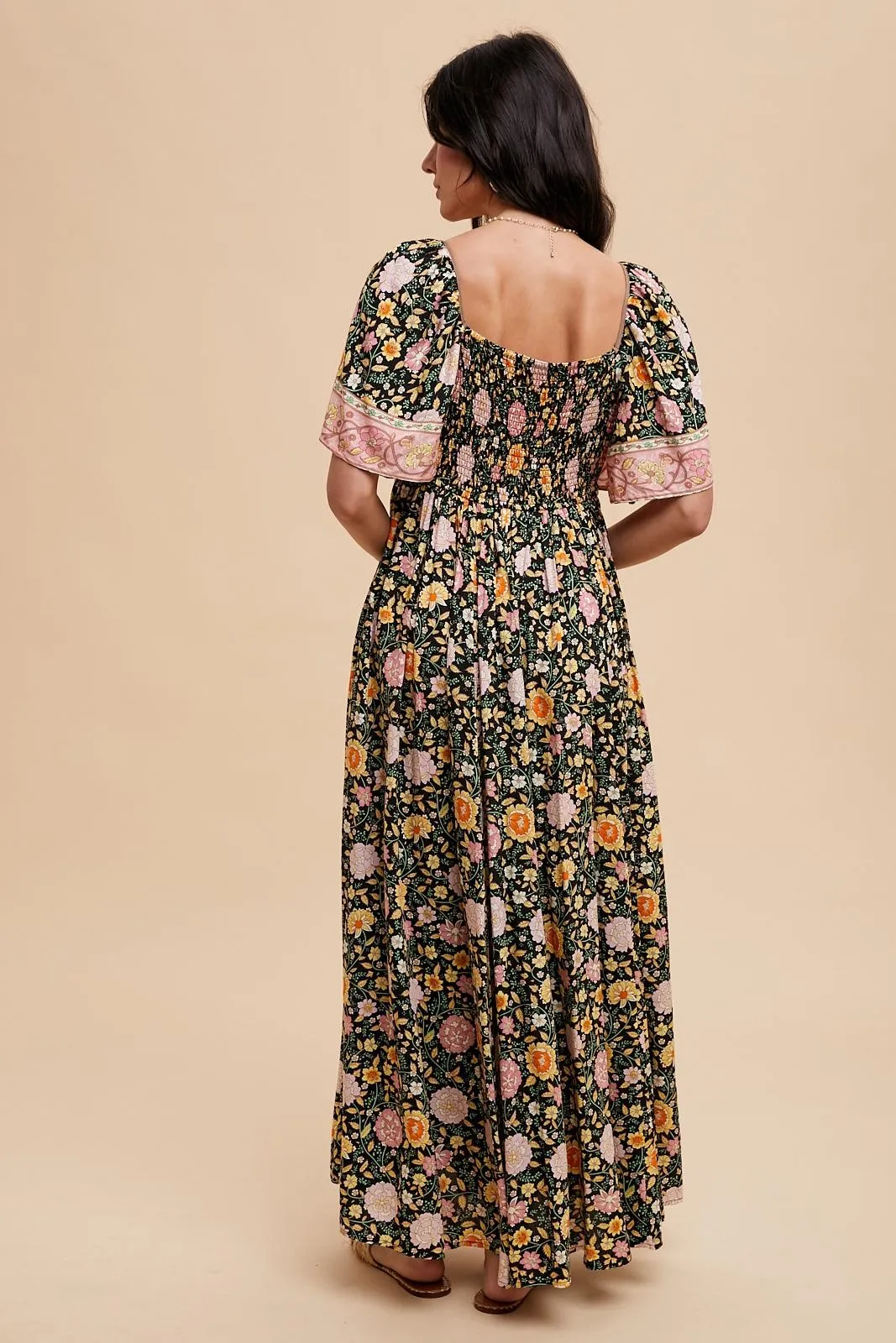Black Floral V-Neck Short Flutter Sleeve Maxi Dress sold by Pinkblush product image thumbnail 4