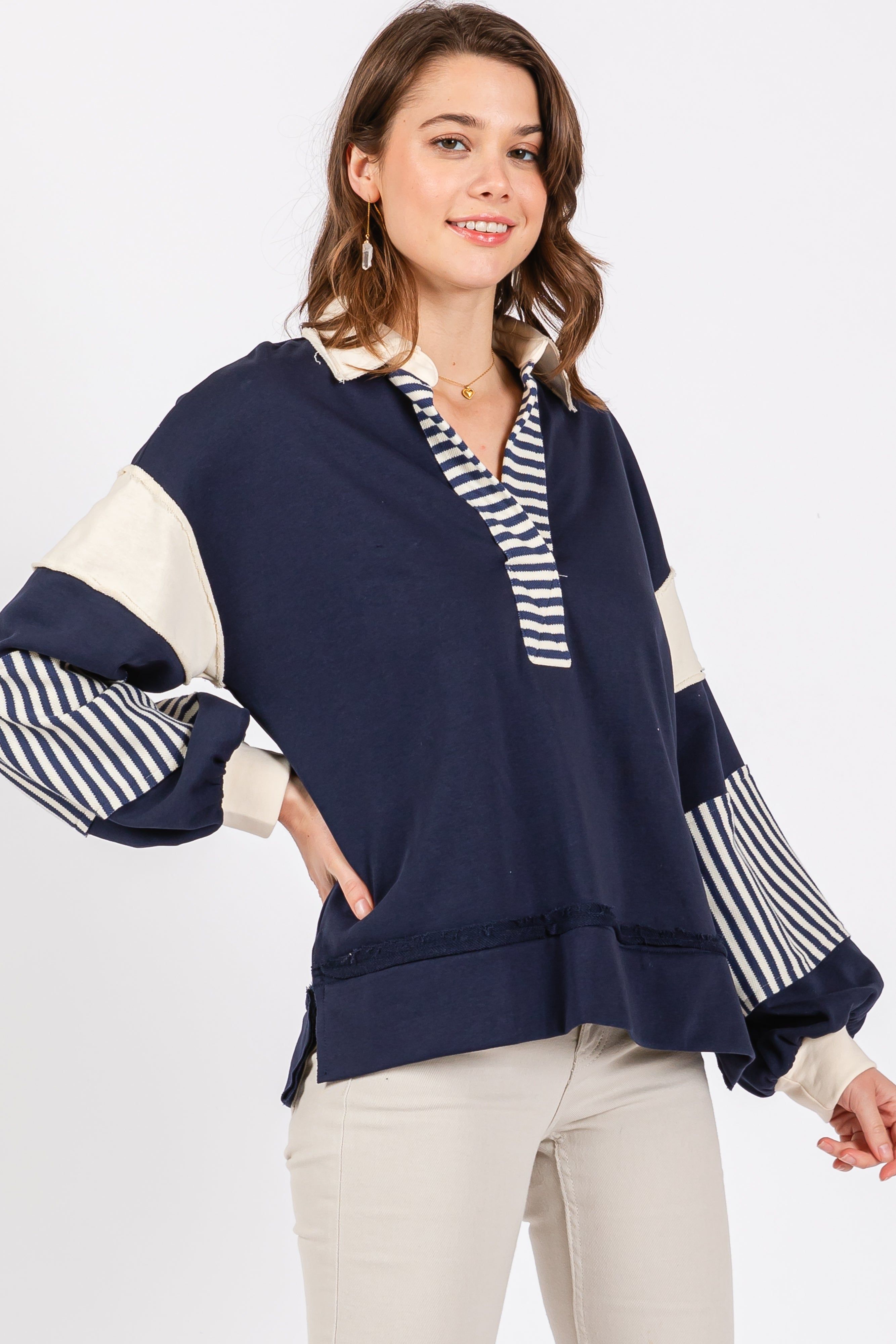 Navy Colorblock Striped Maternity Long Sleeve Top sold by Pinkblush product image thumbnail 4