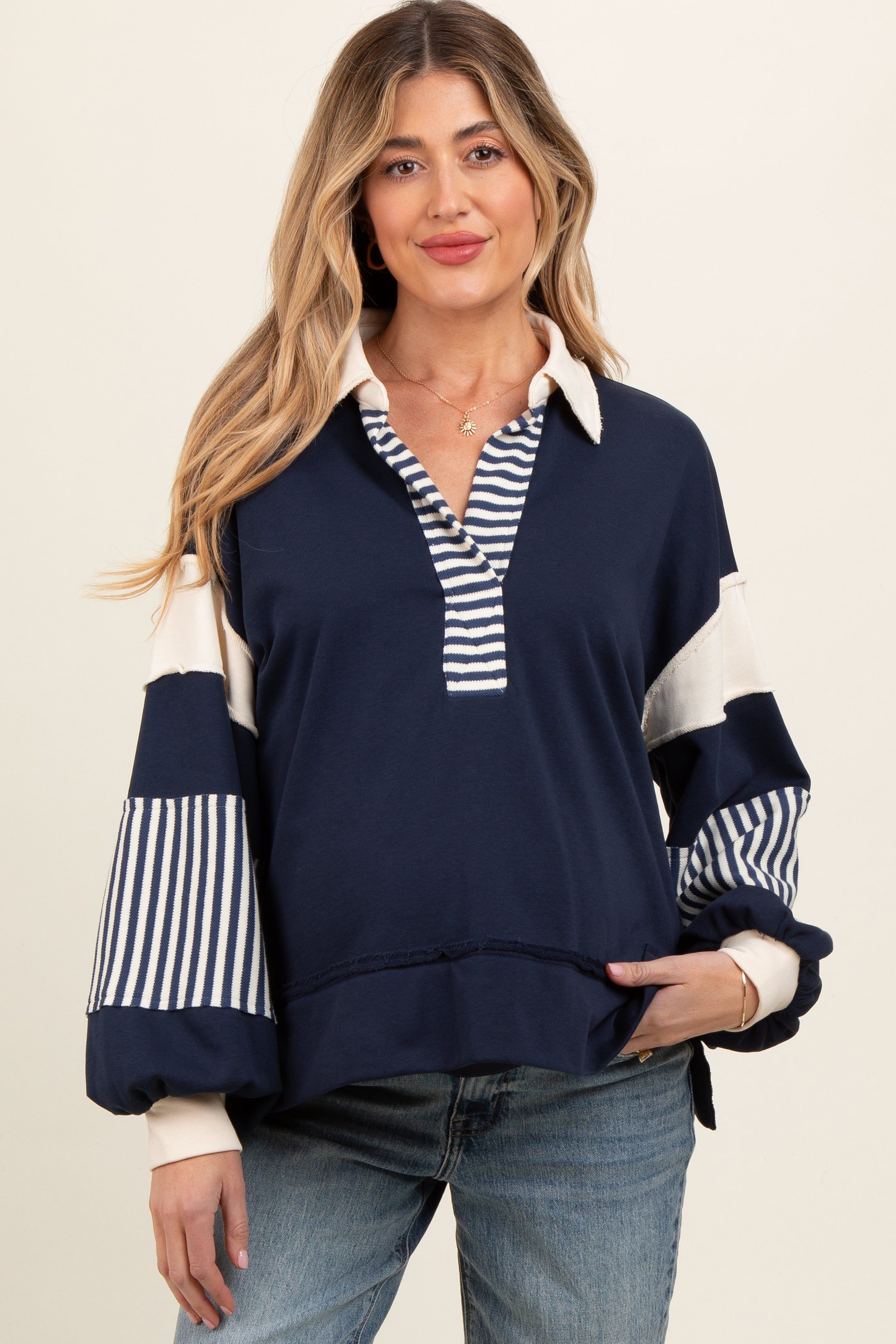 Navy Colorblock Striped Maternity Long Sleeve Top sold by Pinkblush