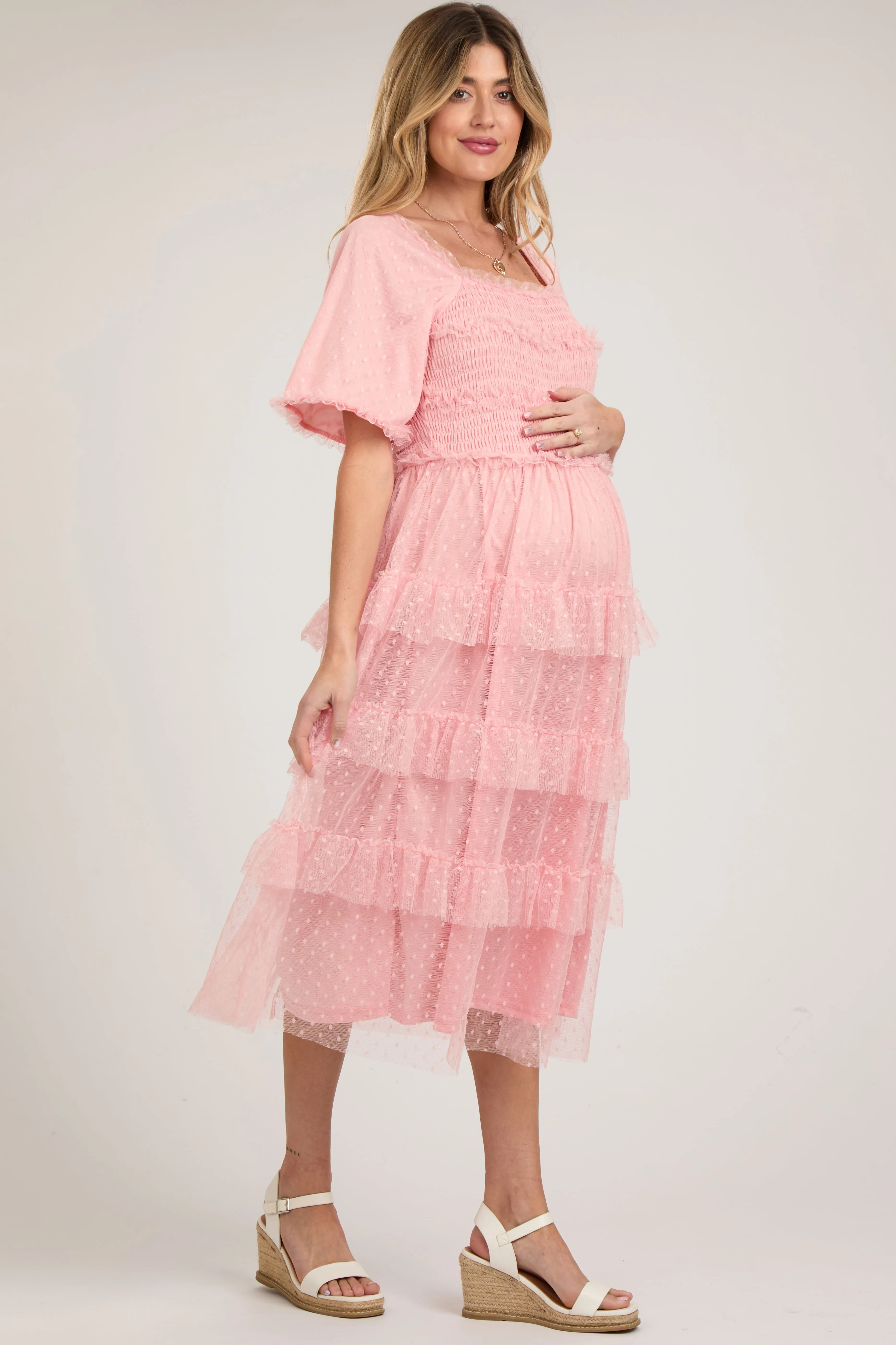 Light Pink Dot Smocked Ruffle Tiered Maternity Midi Dress sold by Pinkblush product image thumbnail 2