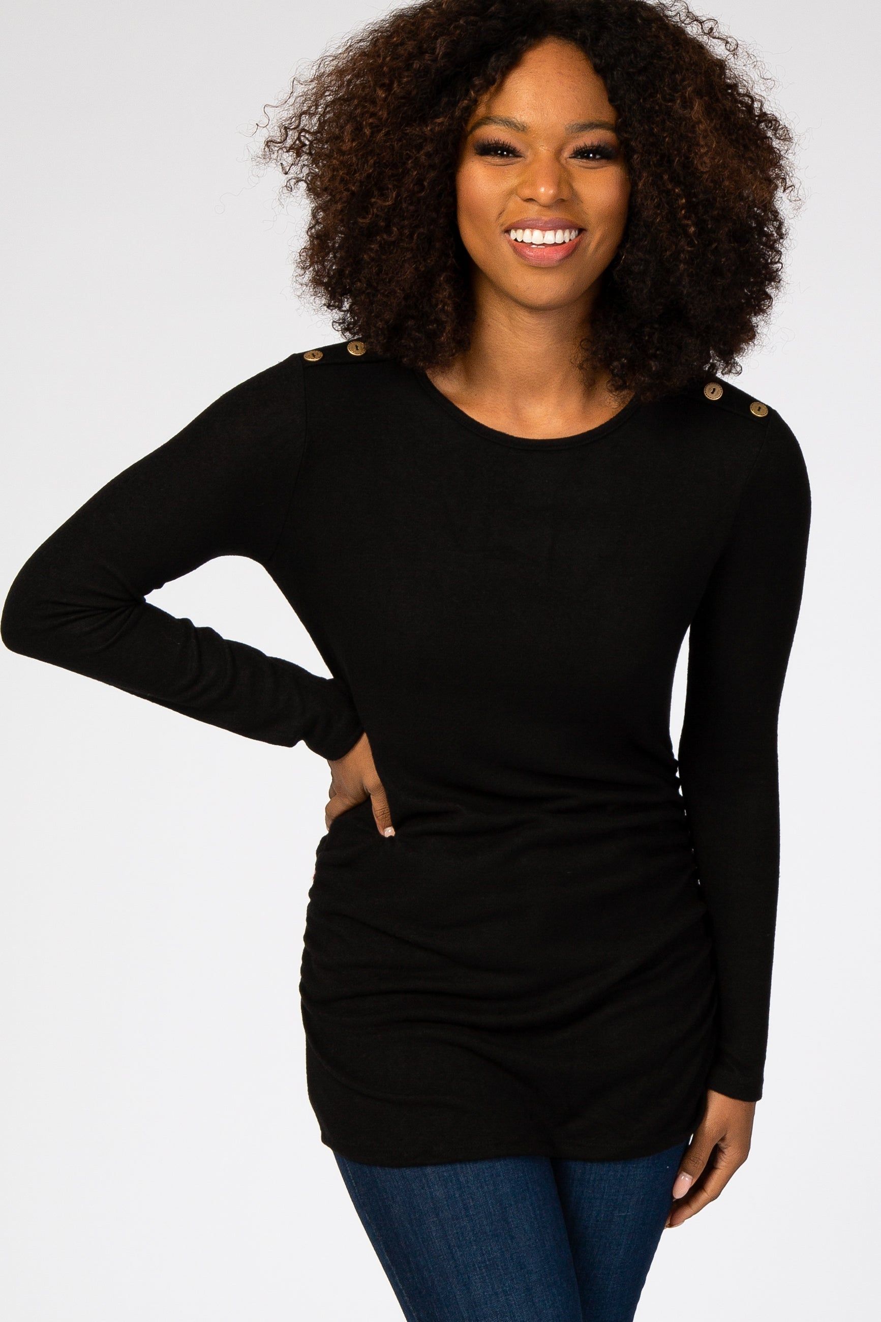 Black Soft Knit Button Shoulder Ruched Side Top sold by Pinkblush