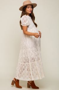 Cream Lace Tiered Maternity Midi Dress sold by Pinkblush
