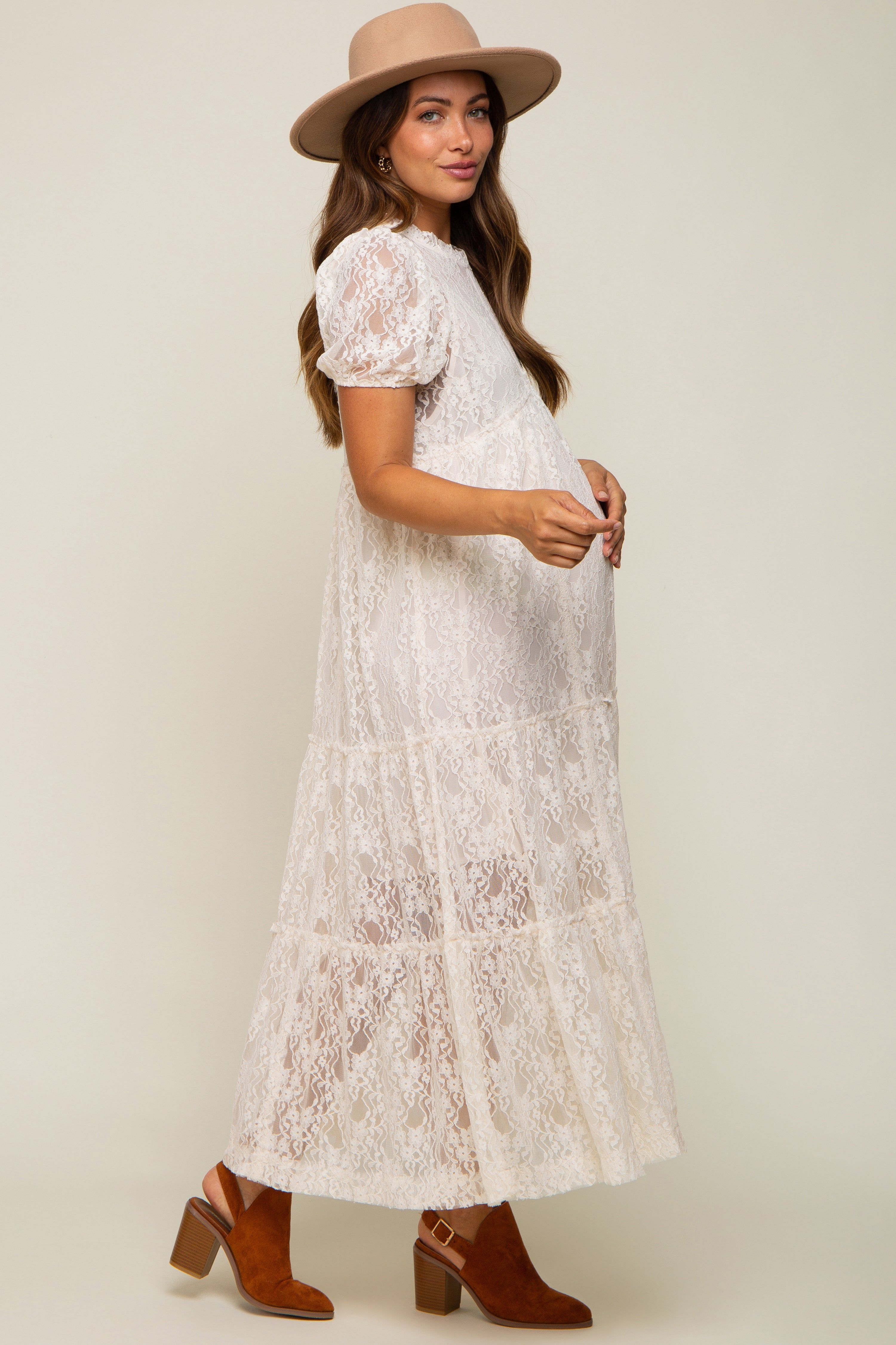 Cream Lace Tiered Maternity Midi Dress sold by Pinkblush product image thumbnail 2