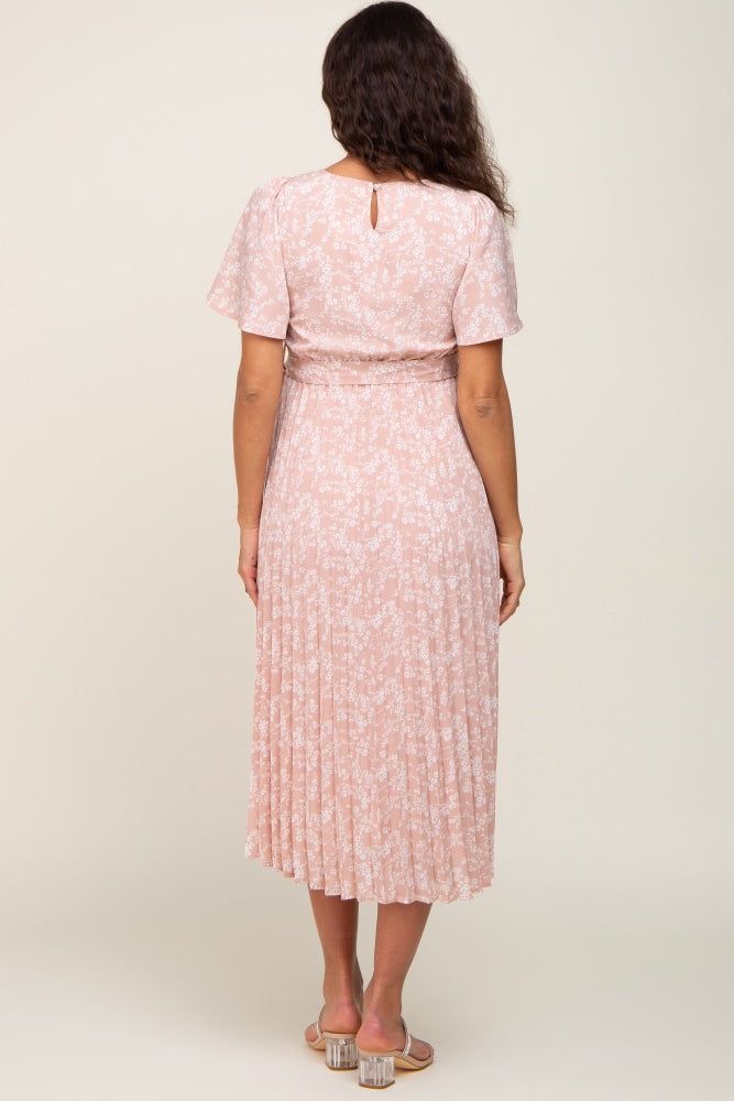 Light Pink Floral Pleated Maternity Midi Dress sold by Pinkblush product image thumbnail 3