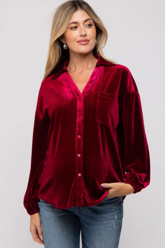 Burgundy Velvet Button Front Collared Maternity Blouse sold by Pinkblush