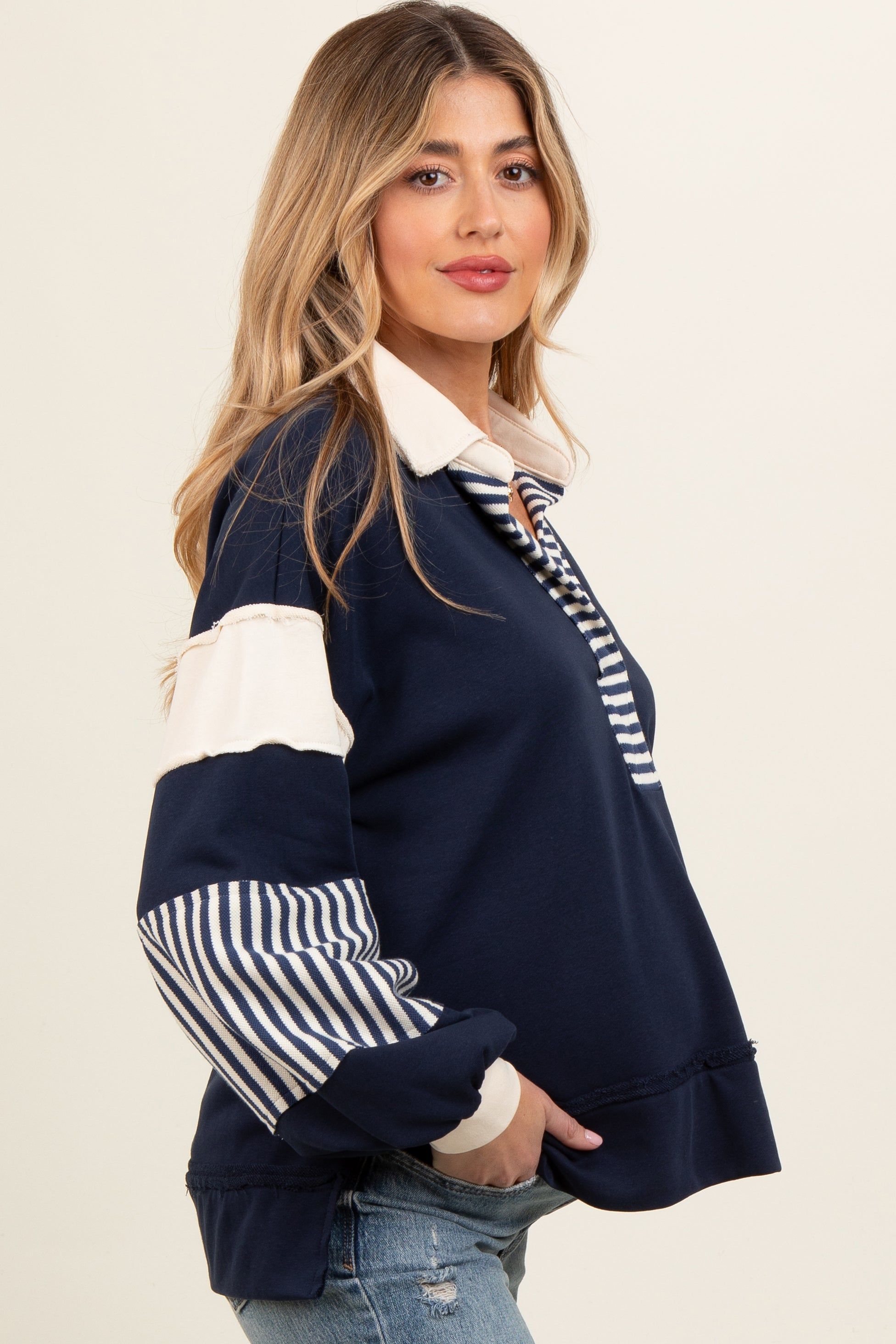 Navy Colorblock Striped Maternity Long Sleeve Top sold by Pinkblush product image thumbnail 2