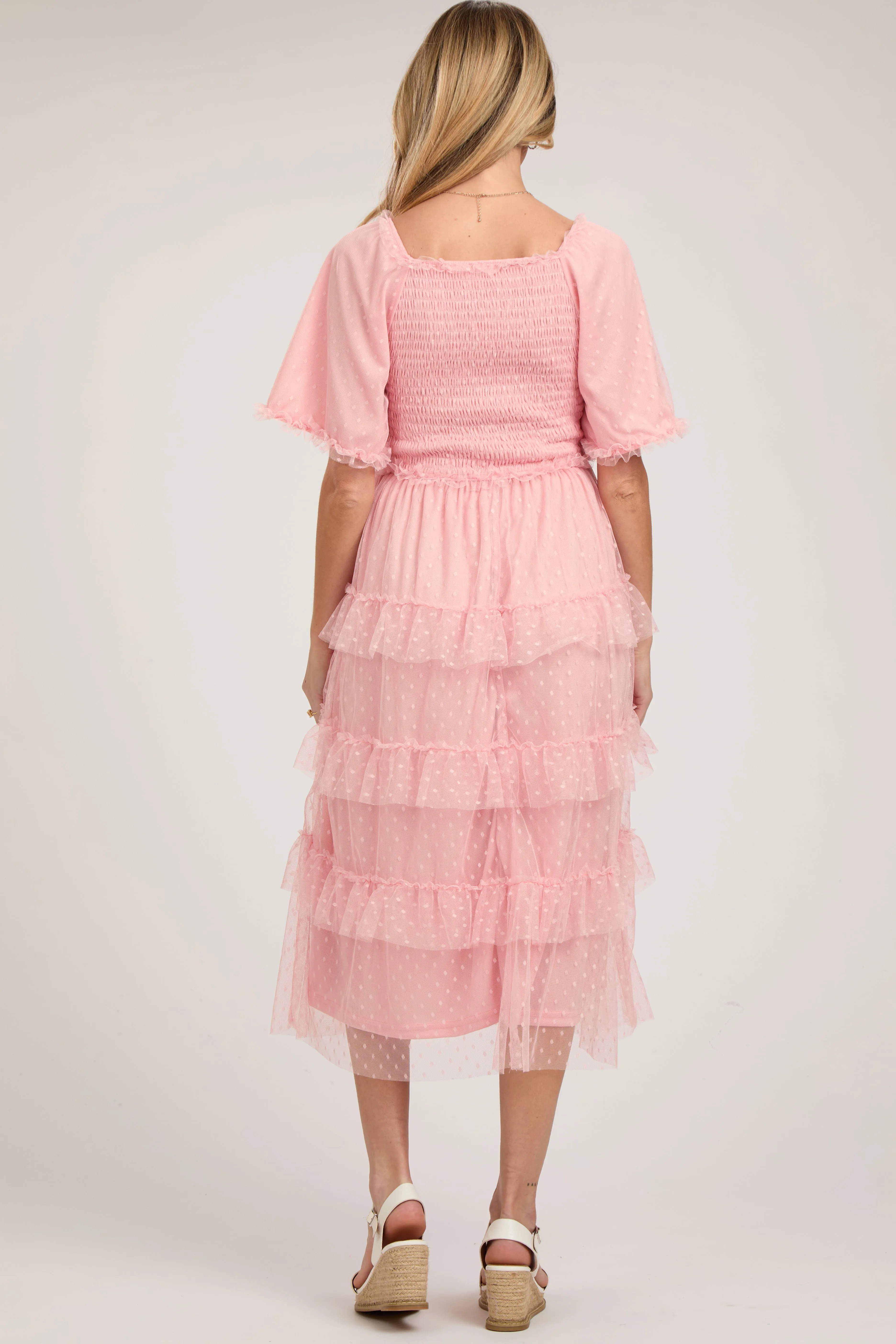 Light Pink Dot Smocked Ruffle Tiered Maternity Midi Dress sold by Pinkblush product image thumbnail 3