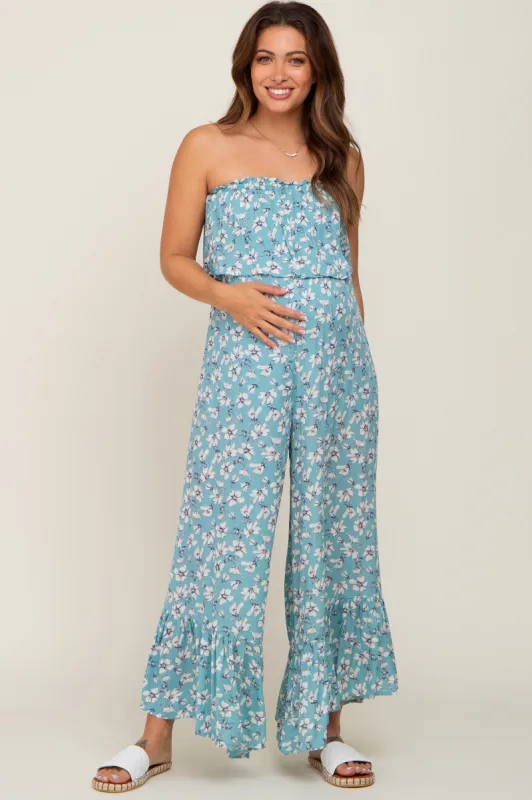 Aqua Floral Strapless Ruffle Maternity Jumpsuit sold by Pinkblush