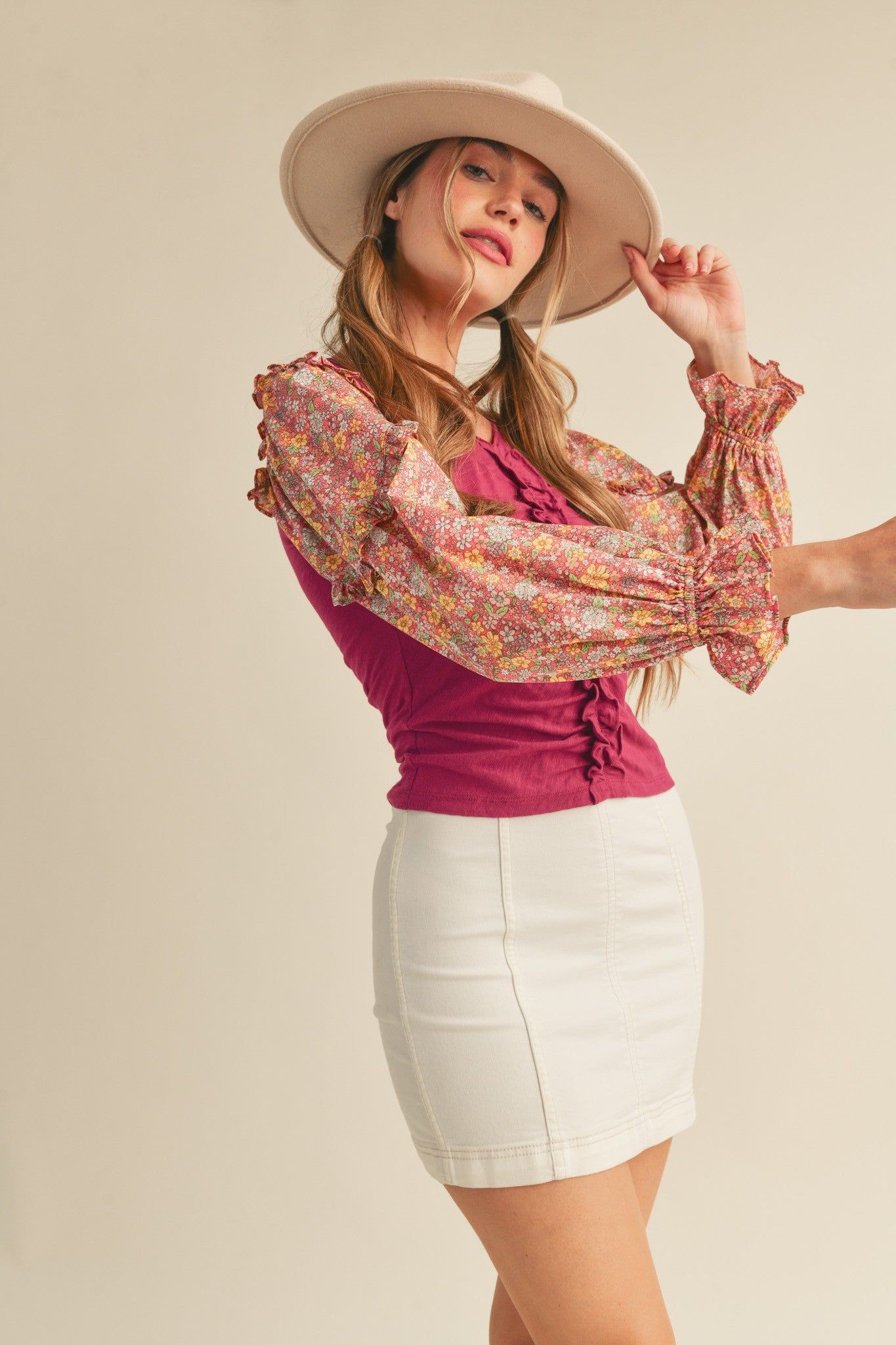 Dusty Berry Floral Contrast Long Puff Sleeve Top sold by Pinkblush product image thumbnail 4