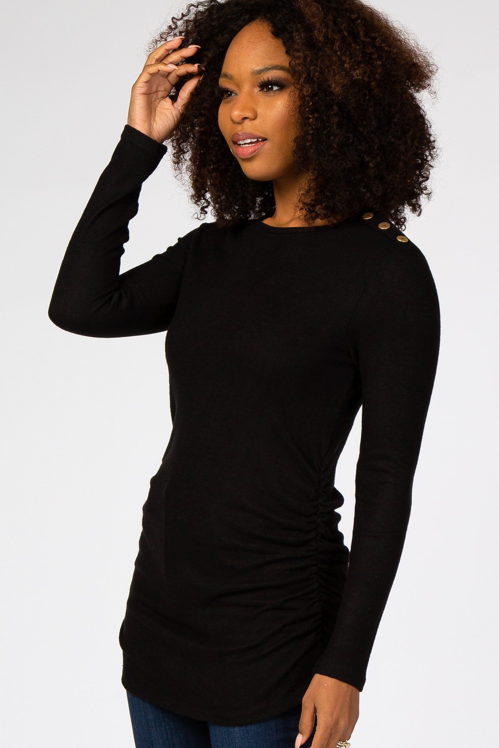 Black Soft Knit Button Shoulder Ruched Side Top sold by Pinkblush product image thumbnail 2