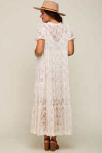 Cream Lace Tiered Maternity Midi Dress sold by Pinkblush