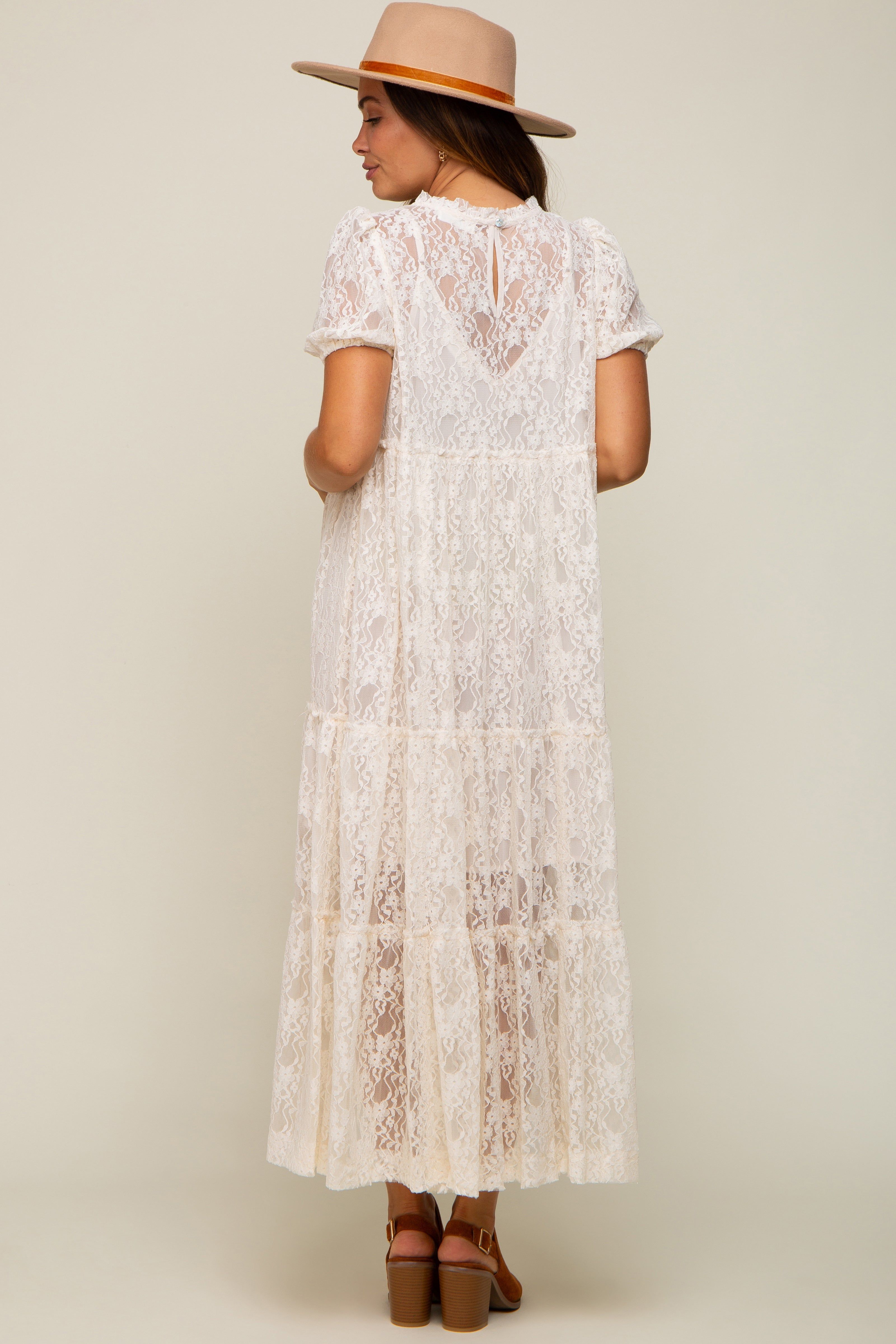 Cream Lace Tiered Maternity Midi Dress sold by Pinkblush product image thumbnail 3