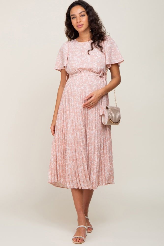 Light Pink Floral Pleated Maternity Midi Dress sold by Pinkblush