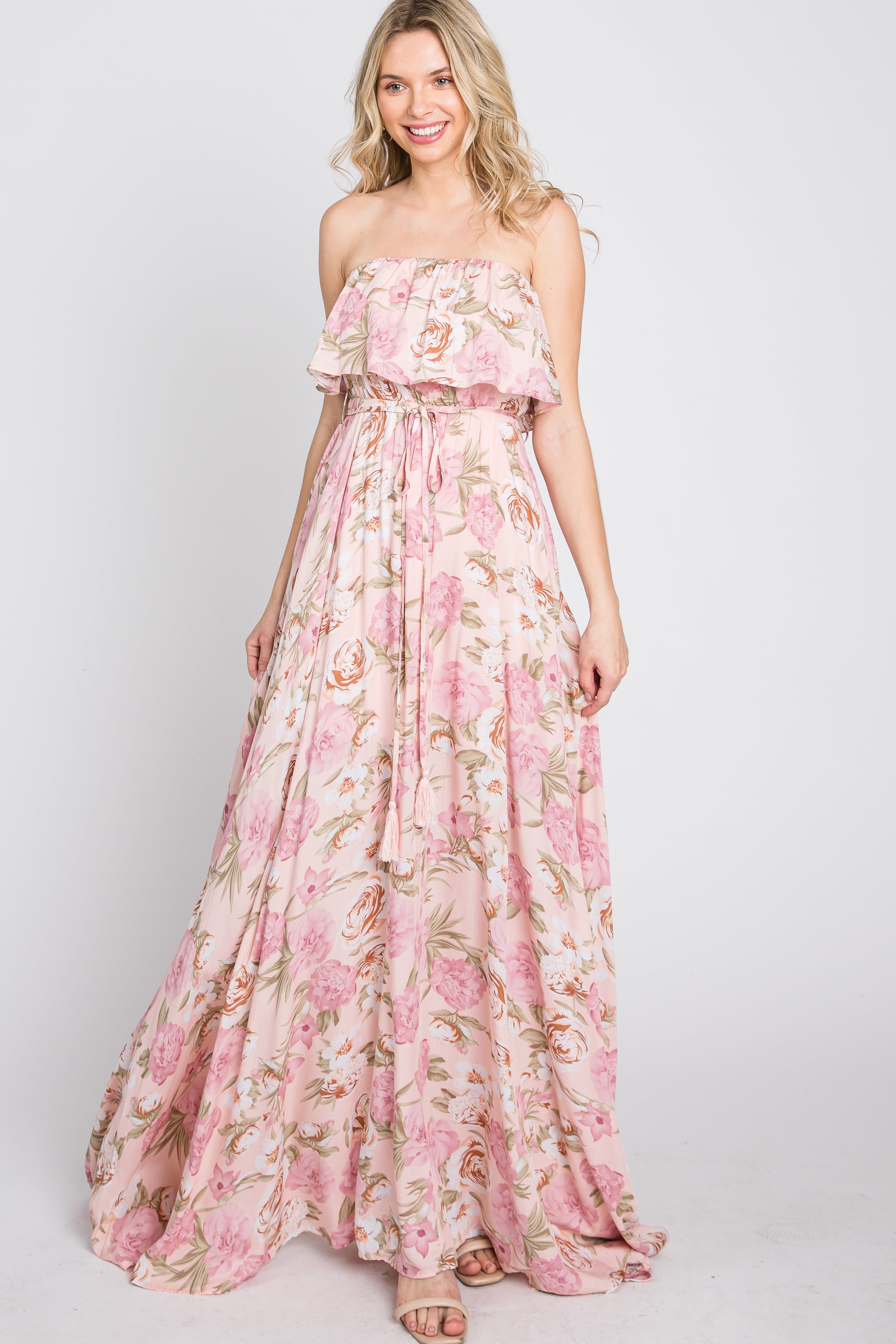 Pink Floral Strapless Ruffle Front Maxi Dress sold by Pinkblush product image thumbnail 3