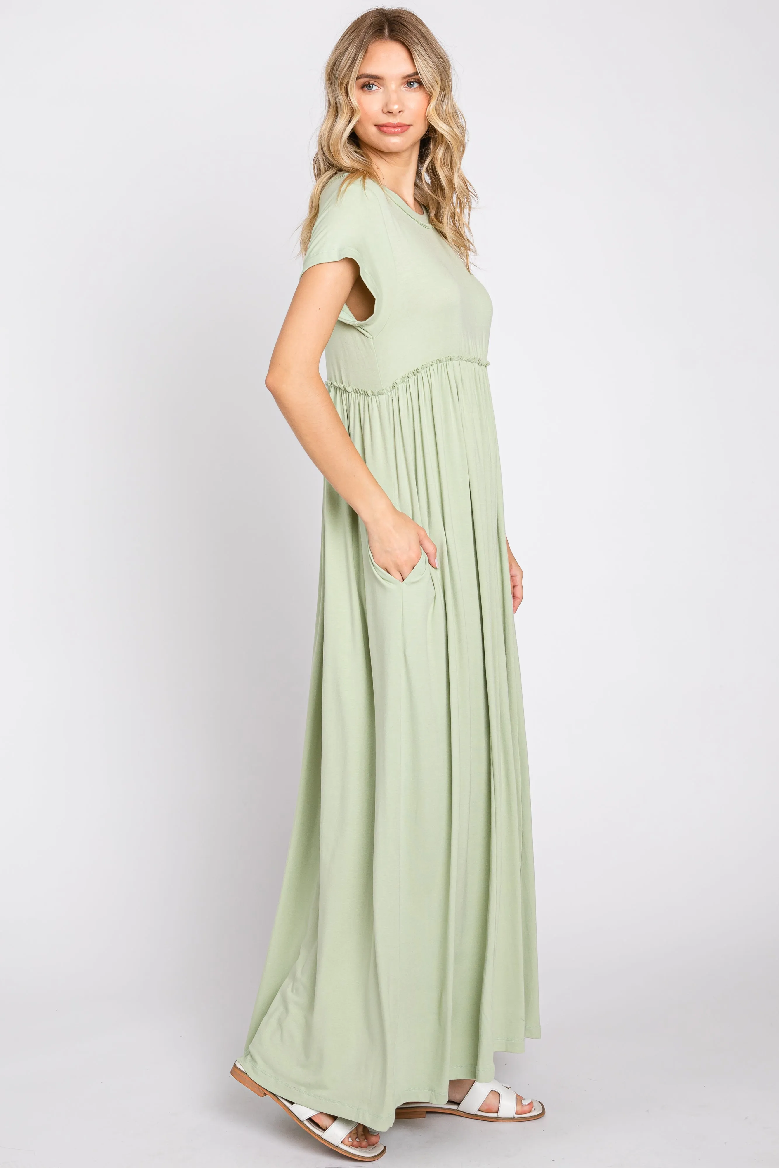 Light Olive Short Sleeve Pocketed Maxi Dress sold by Pinkblush product image thumbnail 2