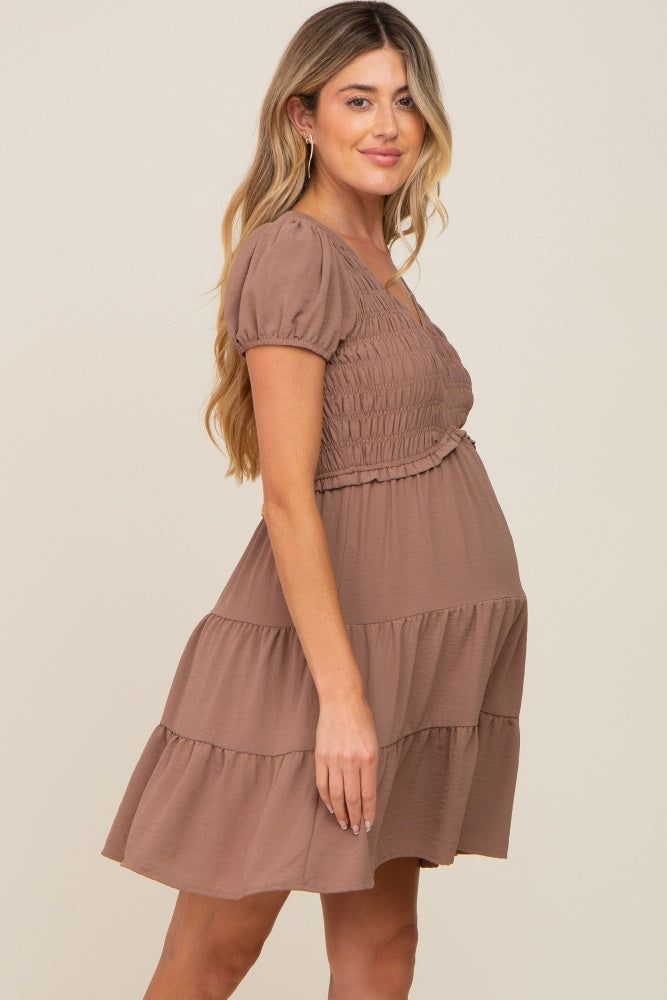 Mocha Smocked Tiered Maternity Mini Dress sold by Pinkblush product image thumbnail 3
