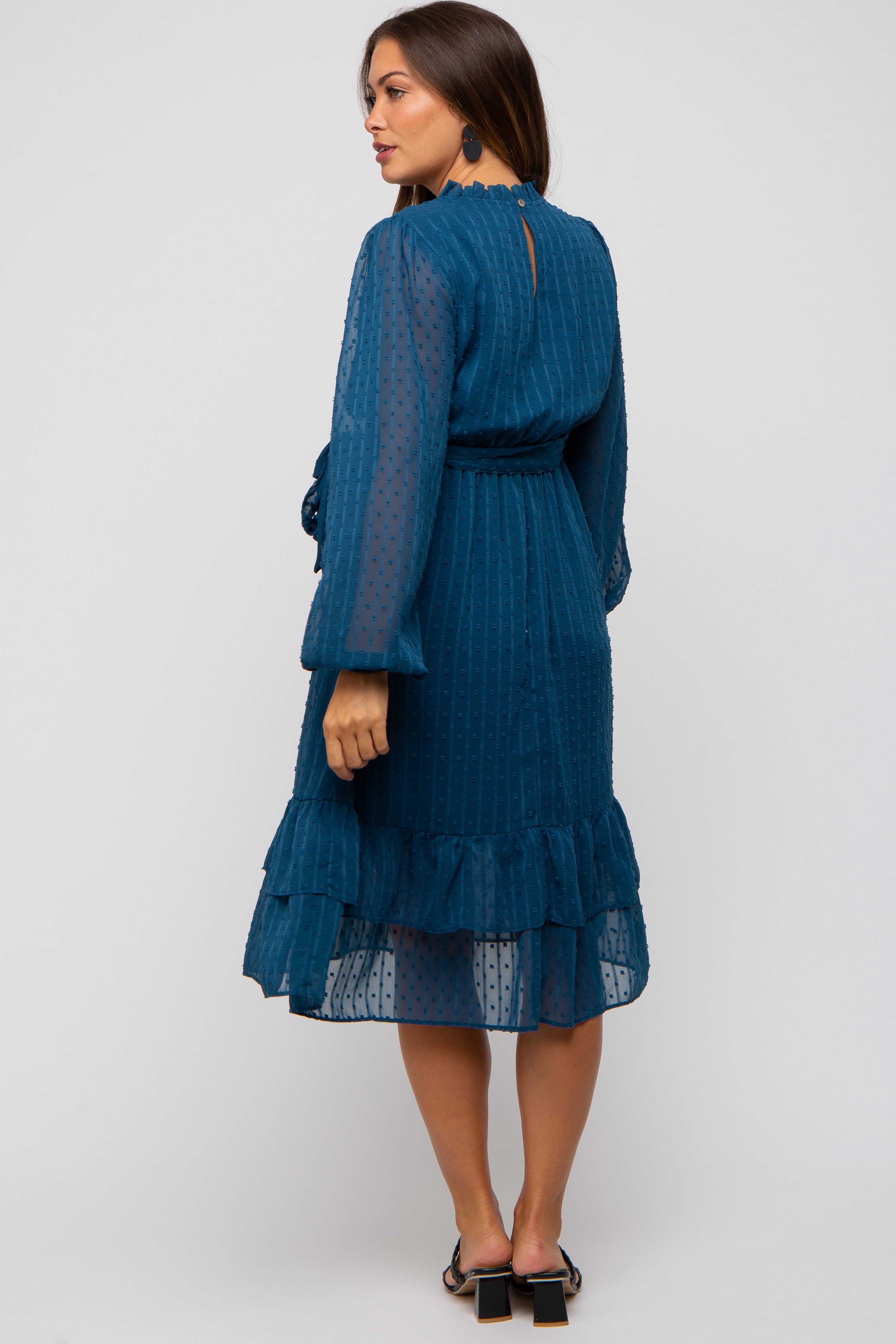 Teal Swiss Dot Ruffle Accent Maternity Midi Dress sold by Pinkblush product image thumbnail 3