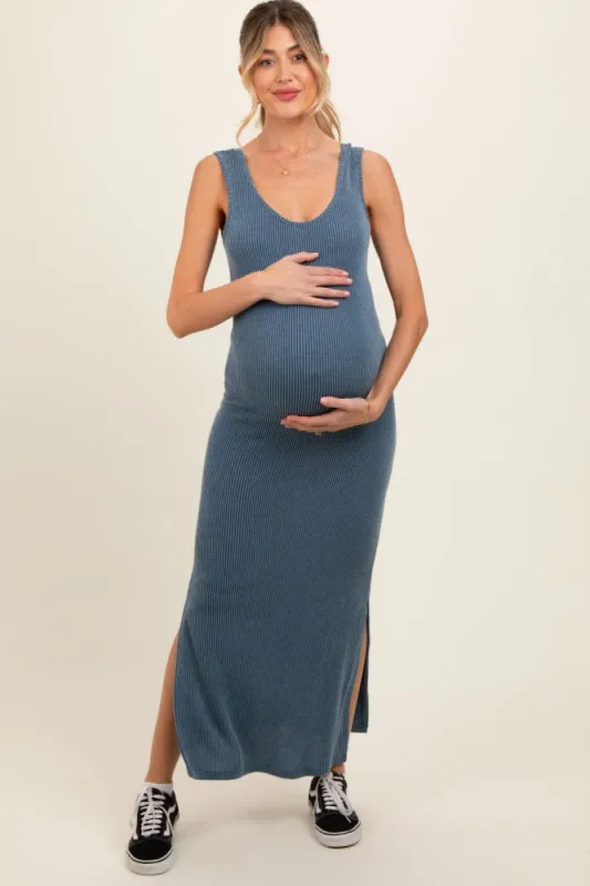 Blue Ribbed Side Slit Maternity Maxi Dress sold by Pinkblush