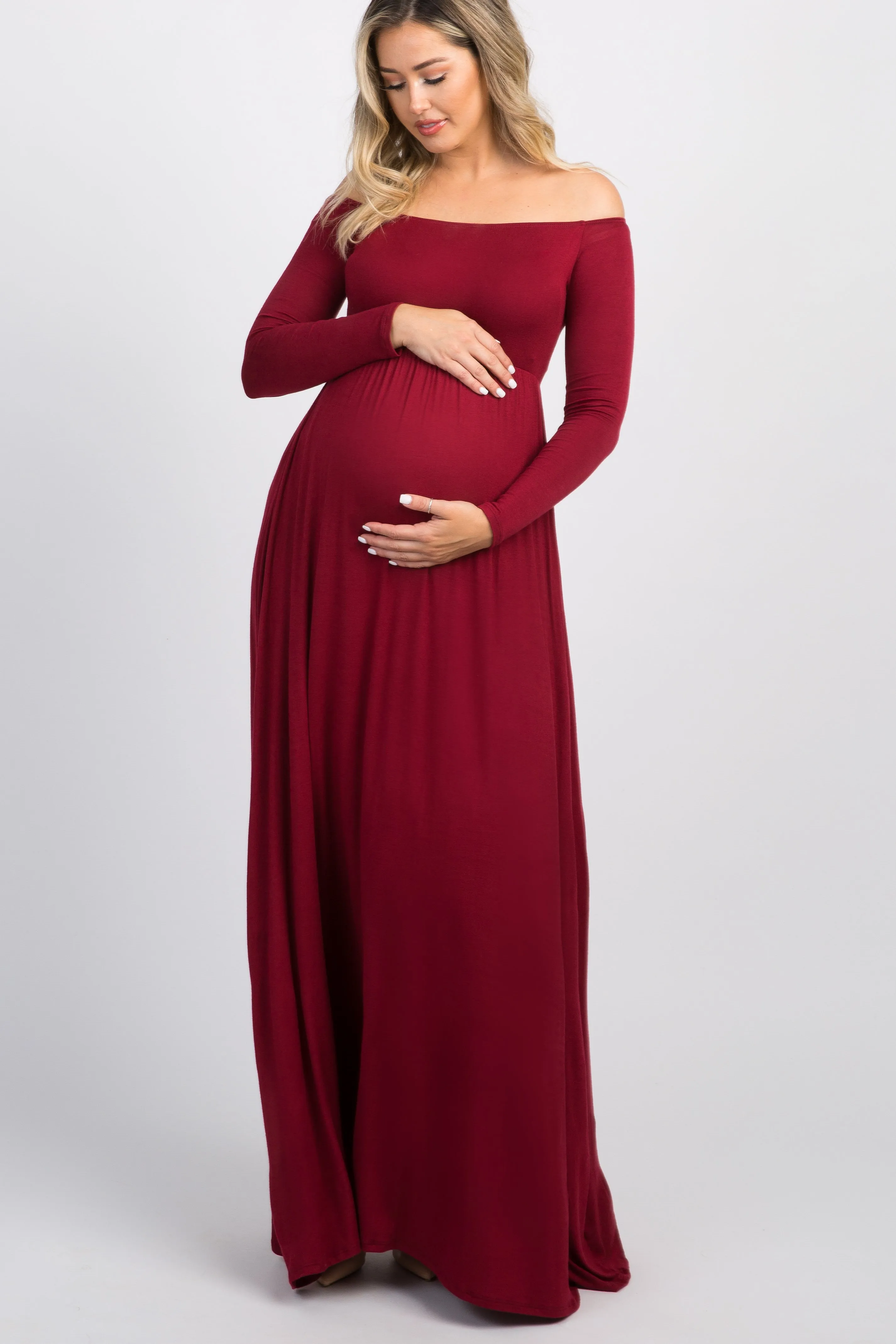PinkBlush Burgundy Solid Off Shoulder Maternity Maxi Dress sold by Pinkblush