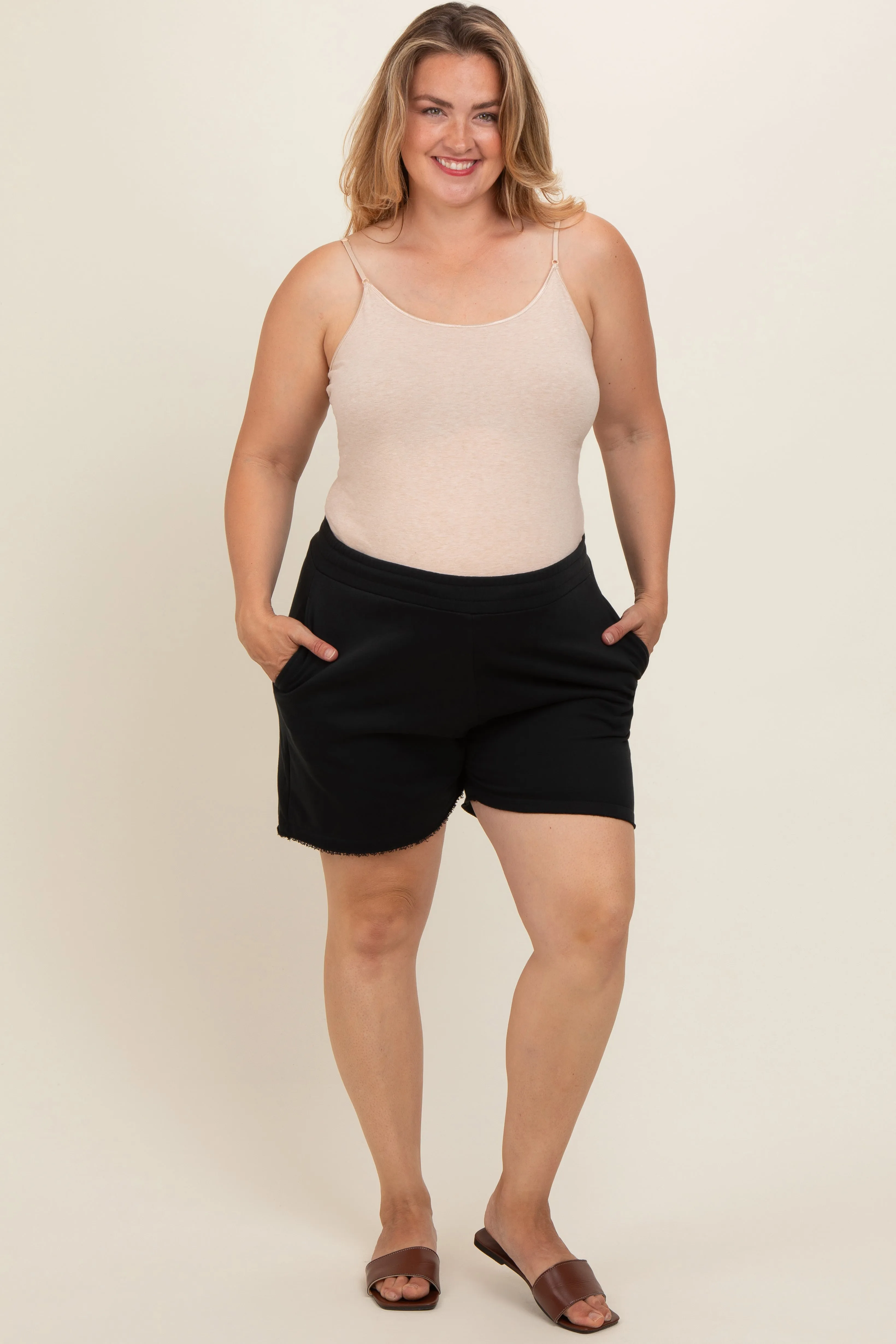 Black Raw Edge Maternity Plus Sweat Shorts sold by Pinkblush